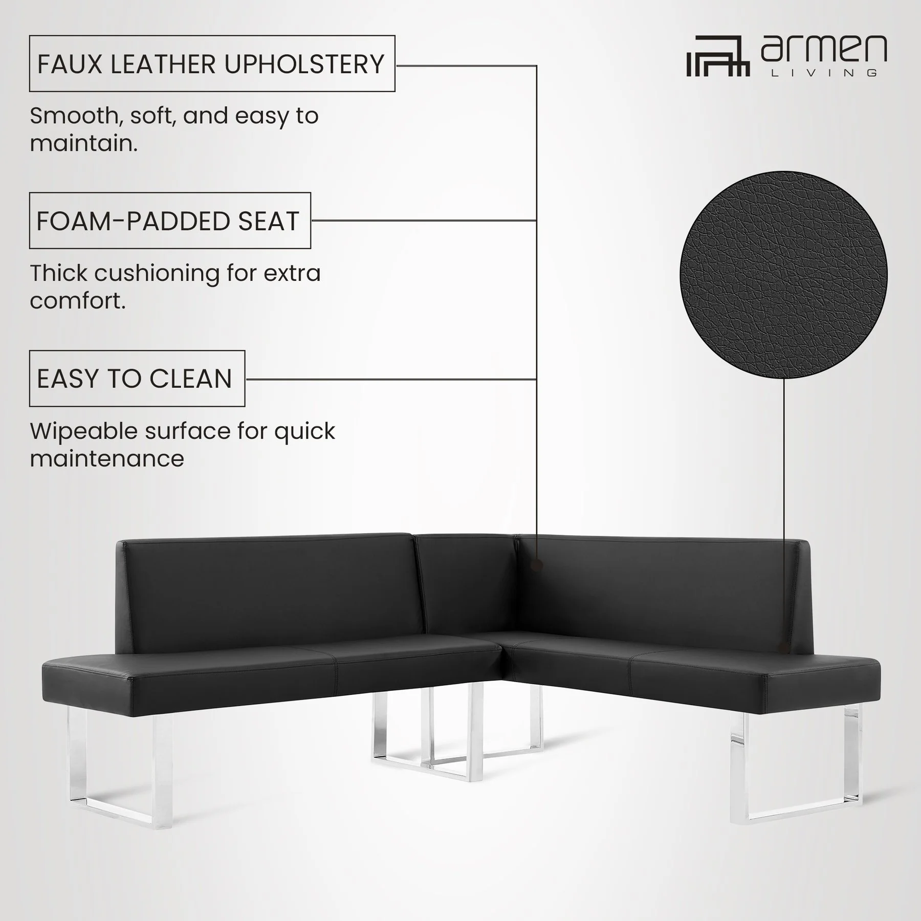 Amanda Contemporary Nook Corner Dining Bench in Black Faux Leather and Chrome Finish - Image 11