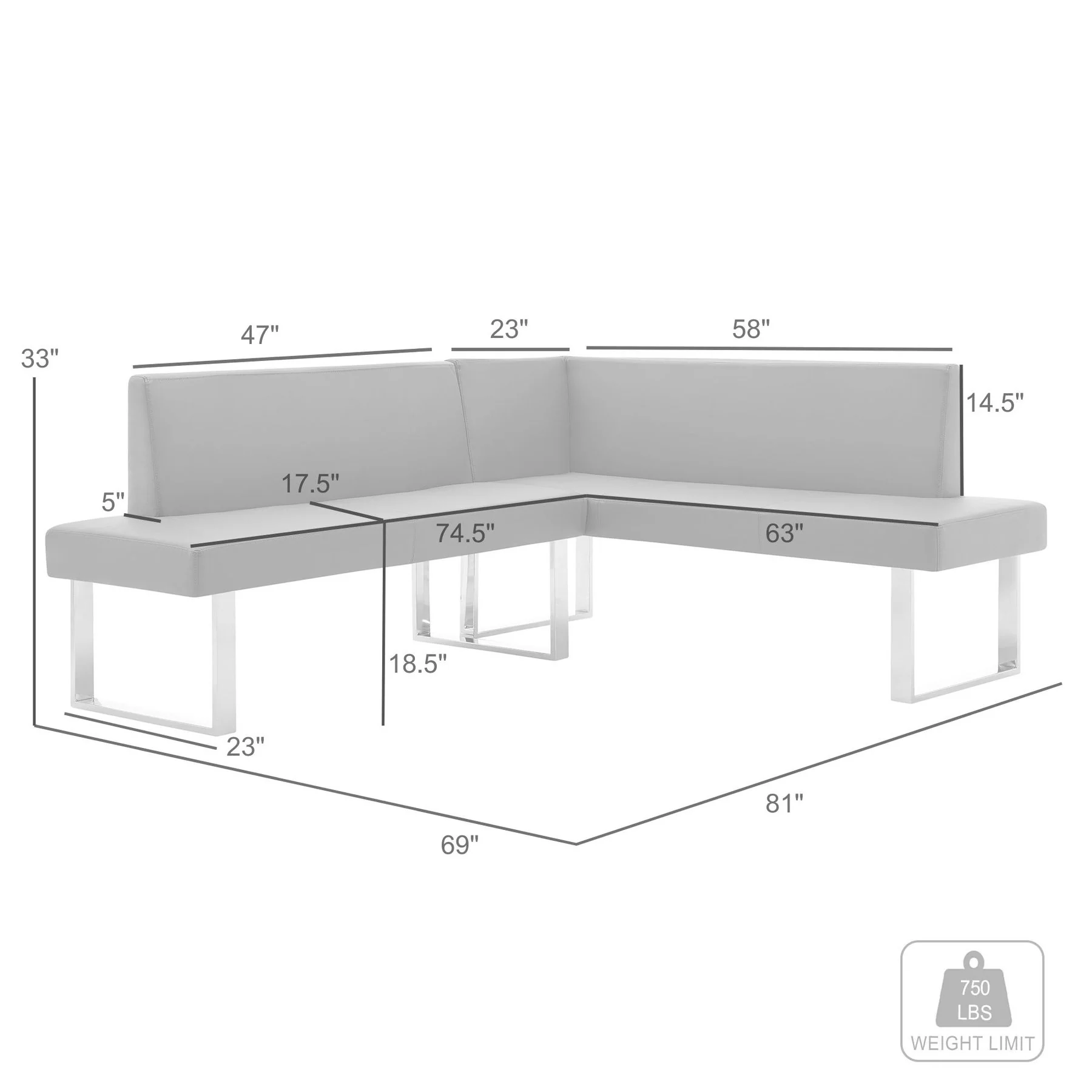 Amanda Contemporary Nook Corner Dining Bench in Black Faux Leather and Chrome Finish - Image 8