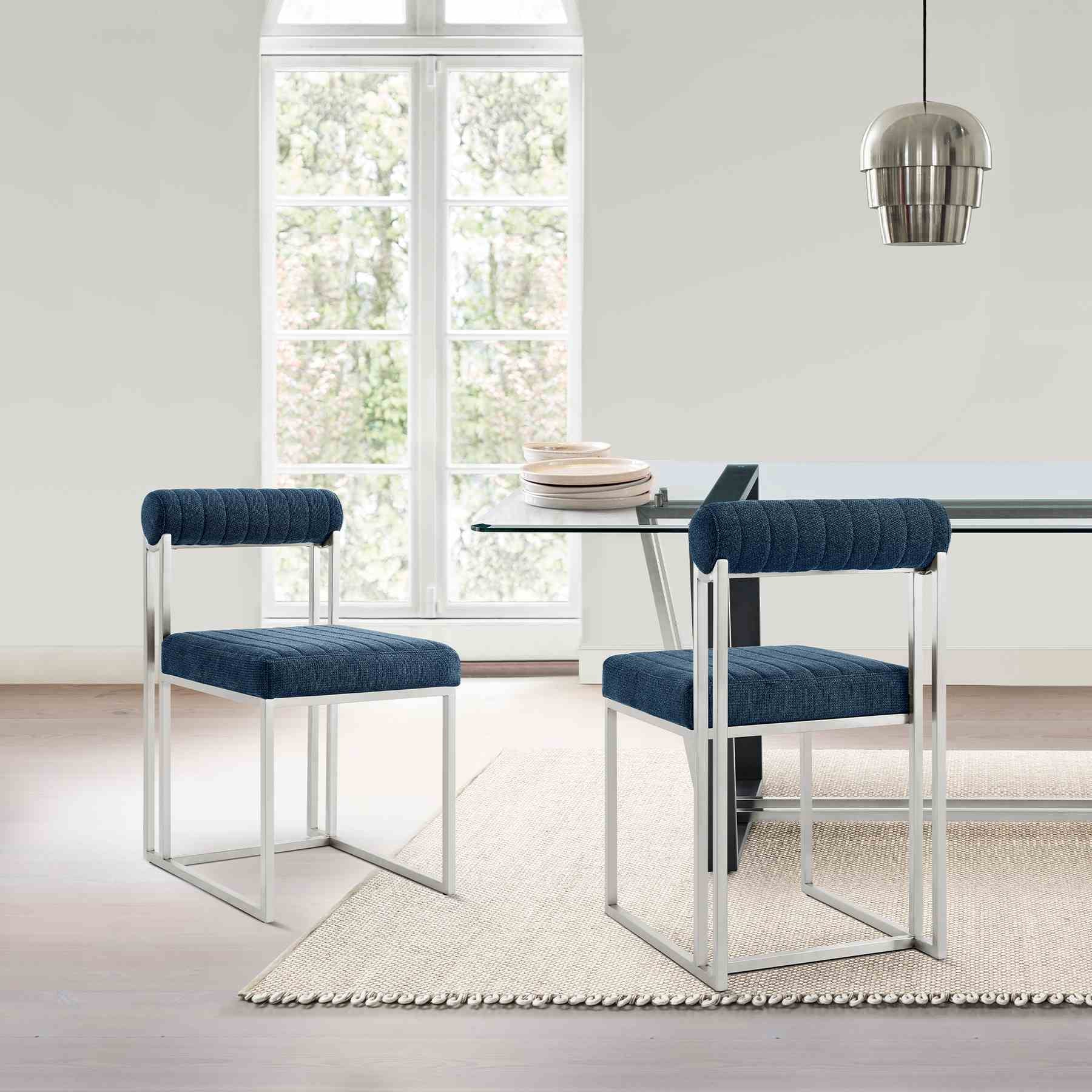 Anastasia Dining Chair with Brushed Stainless Steel and Blue Fabric - Set of 2 - Image 11