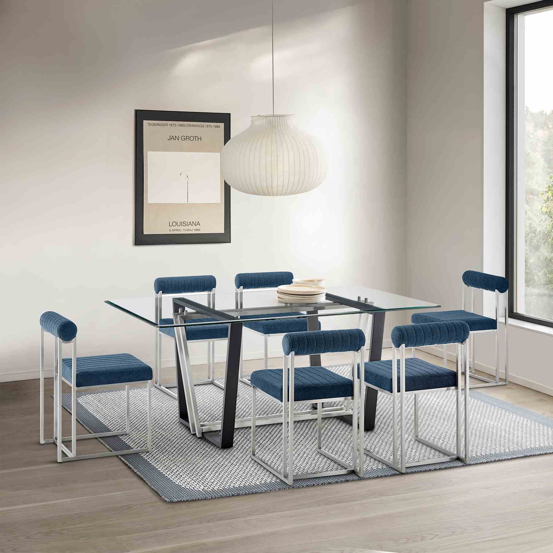 Anastasia Dining Chair with Brushed Stainless Steel and Blue Fabric - Set of 2 - Image 12