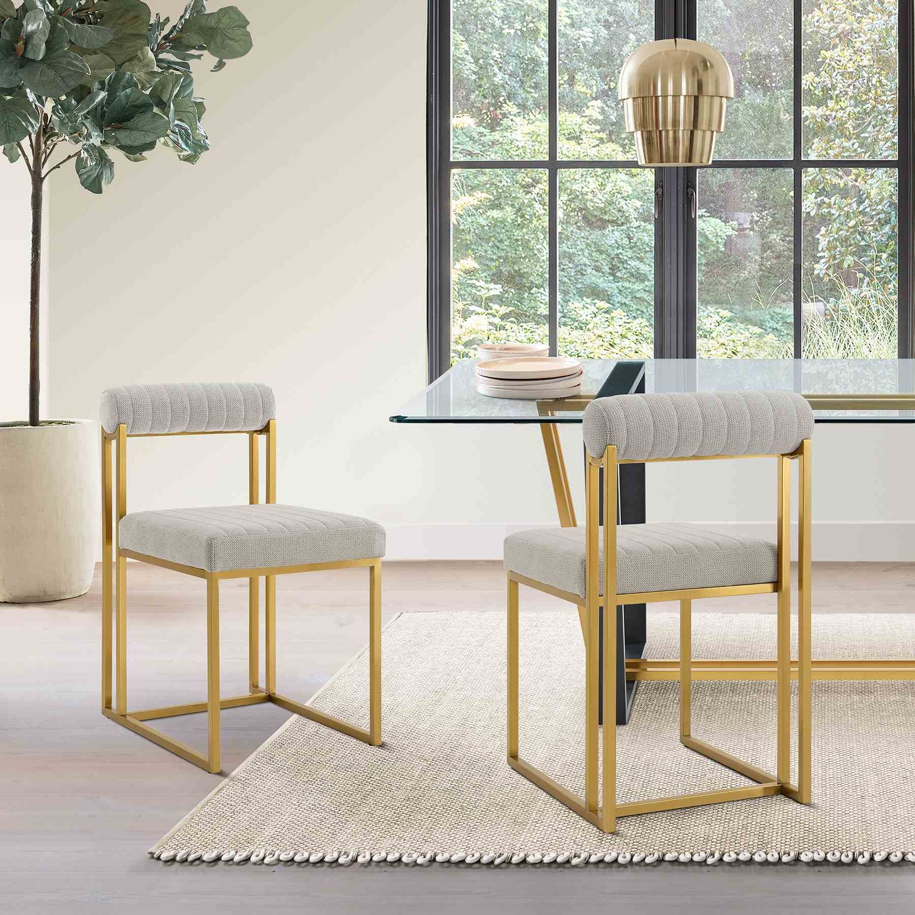 Anastasia Dining Chair with Gold Brushed Stainless Steel and Taupe Fabric - Set of 2 - Image 11