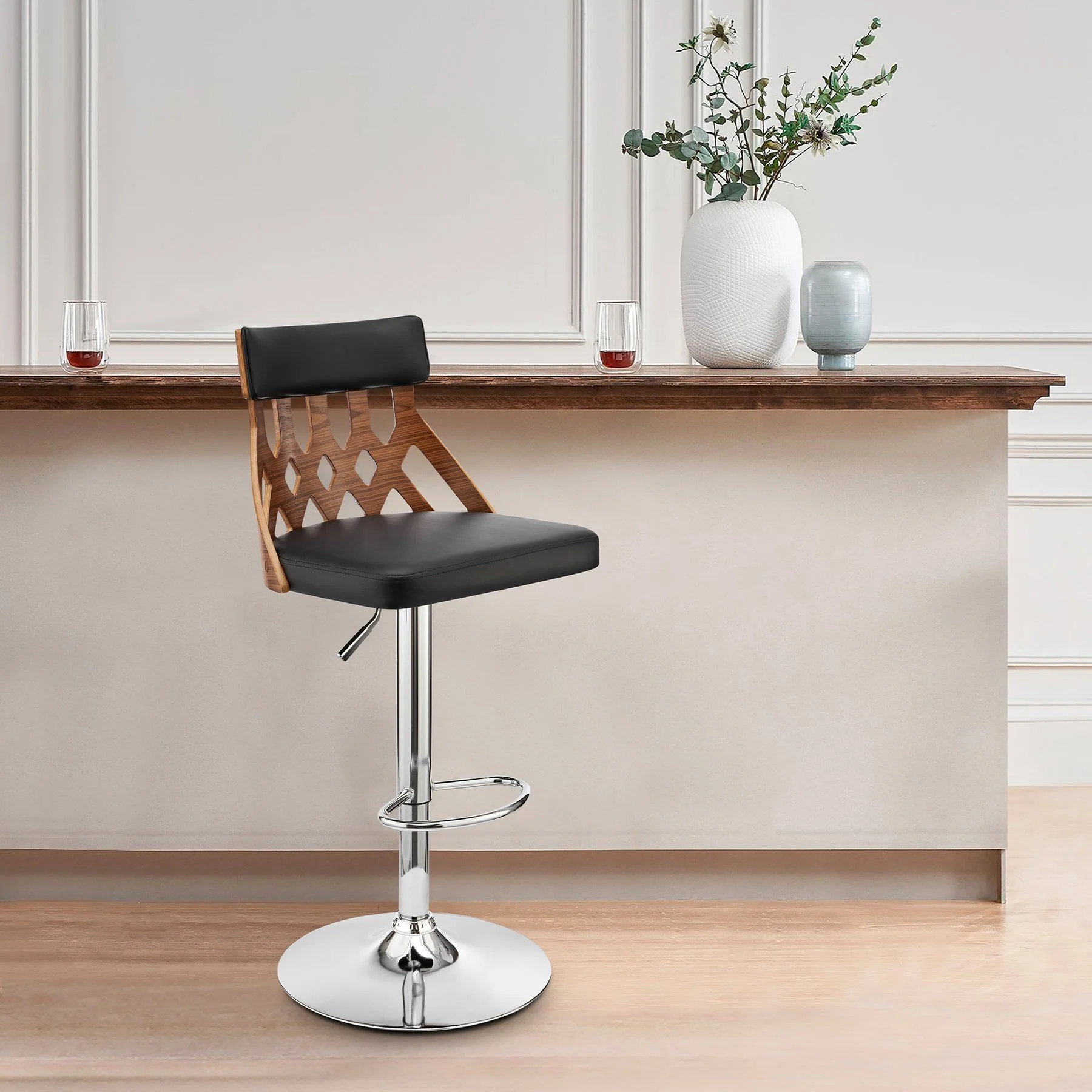 Angelo Adjustable Swivel Black Faux Leather & Walnut Wood Bar Stool with Chrome Base - Image 10