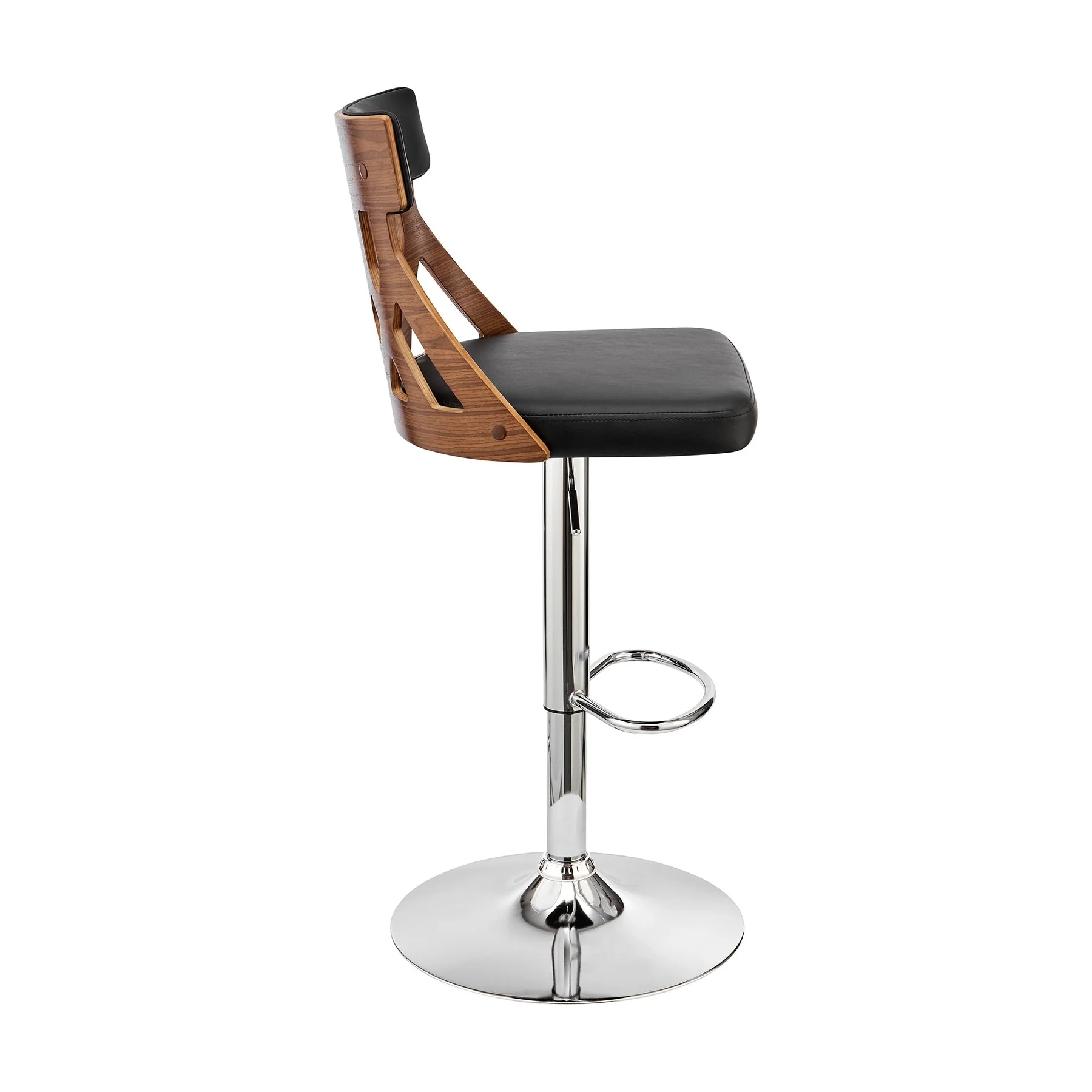 Angelo Adjustable Swivel Black Faux Leather & Walnut Wood Bar Stool with Chrome Base - Image 3