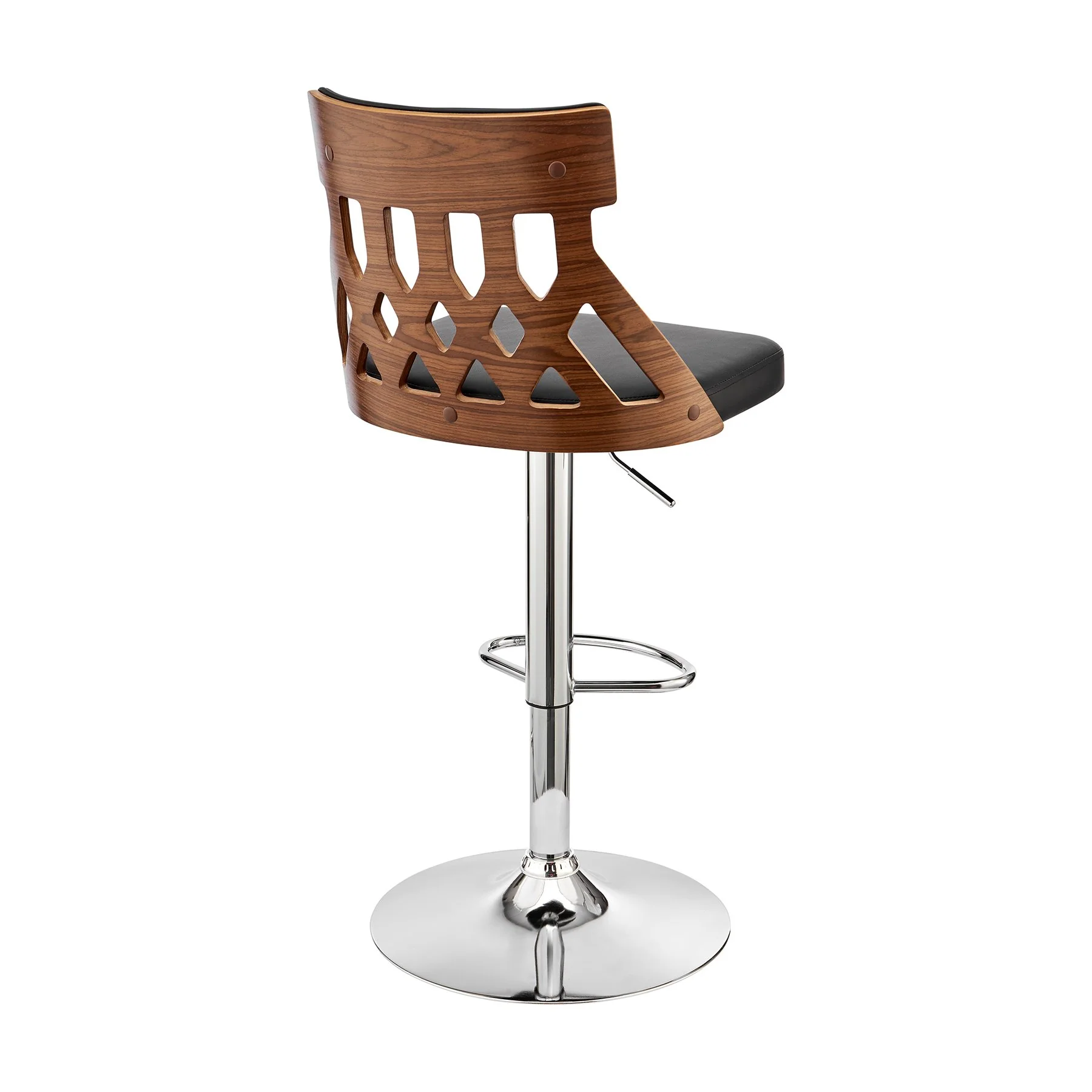 Angelo Adjustable Swivel Black Faux Leather & Walnut Wood Bar Stool with Chrome Base - Image 4