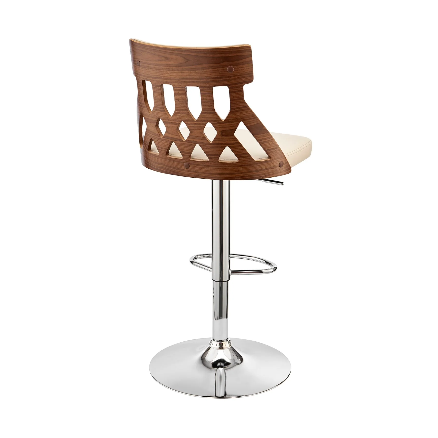 Angelo Adjustable Swivel Cream Faux Leather & Walnut Wood Bar Stool with Chrome Base - Image 3