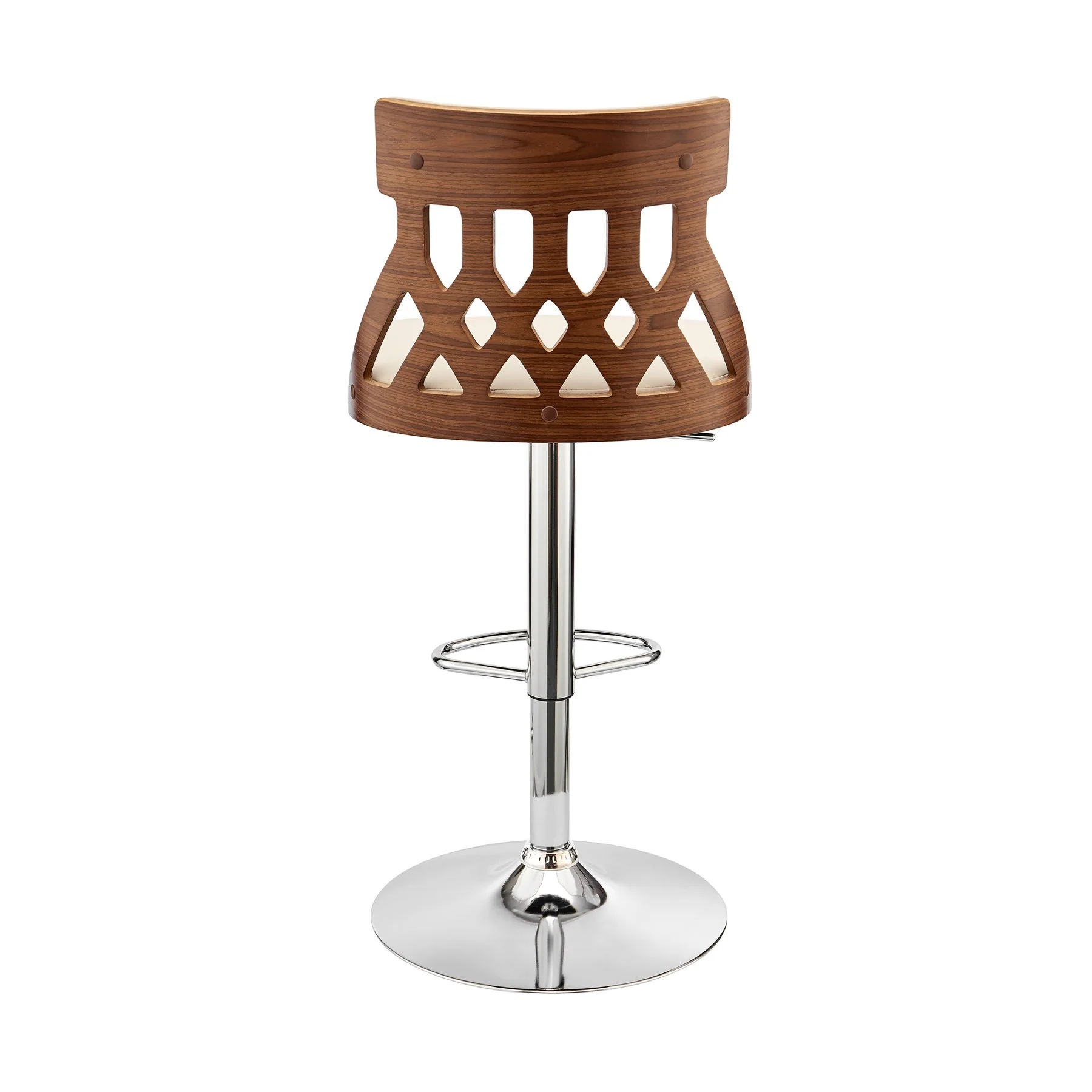 Angelo Adjustable Swivel Cream Faux Leather & Walnut Wood Bar Stool with Chrome Base - Image 4