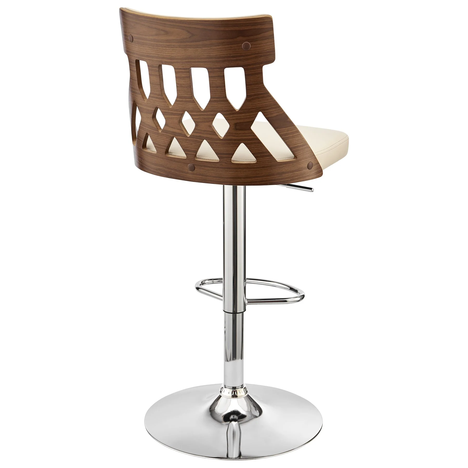 Angelo Adjustable Swivel Cream Faux Leather & Walnut Wood Bar Stool with Chrome Base - Image 5