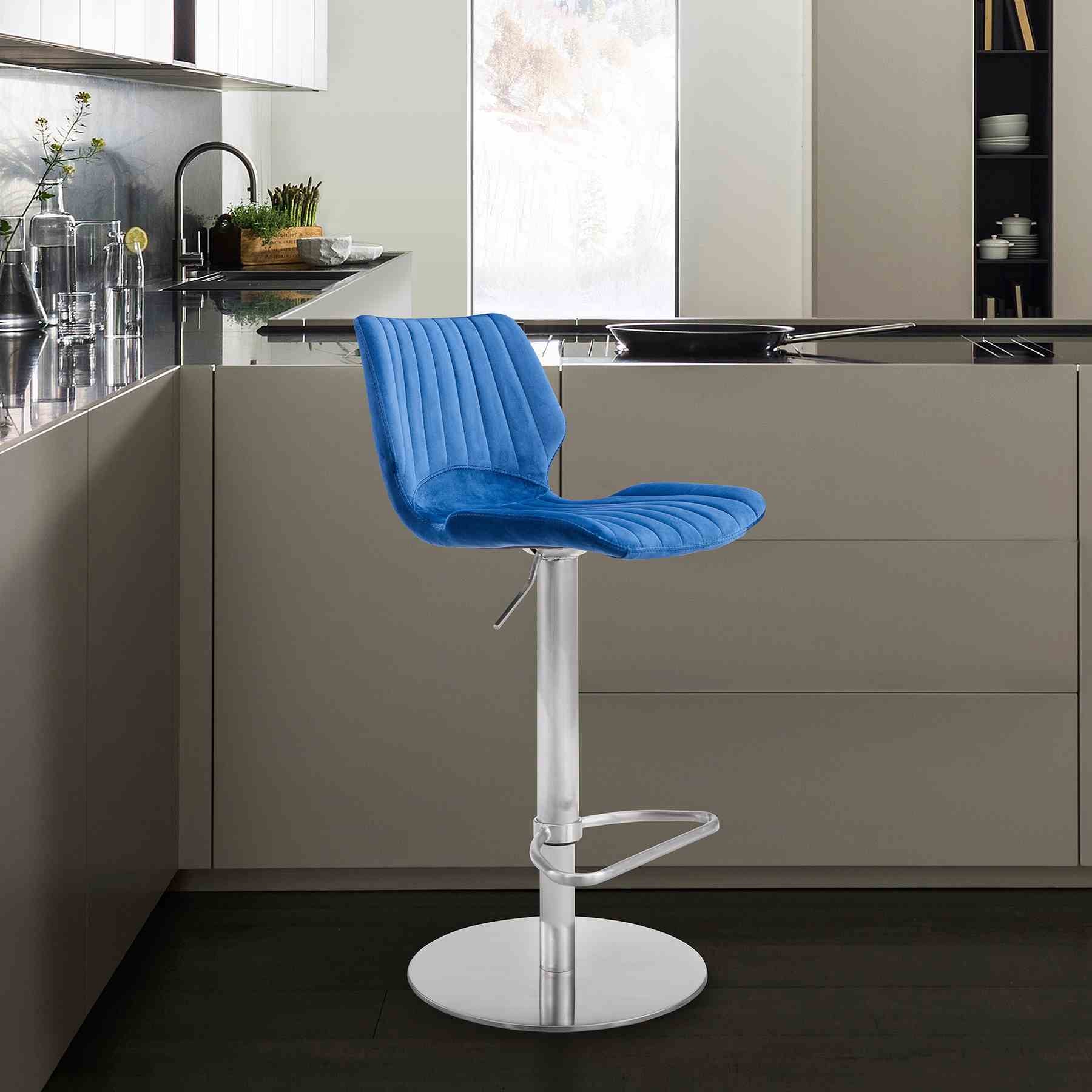 Anika Adjustable Blue Velvet and Brushed Stainless Steel Bar and Counter Stool - Image 6