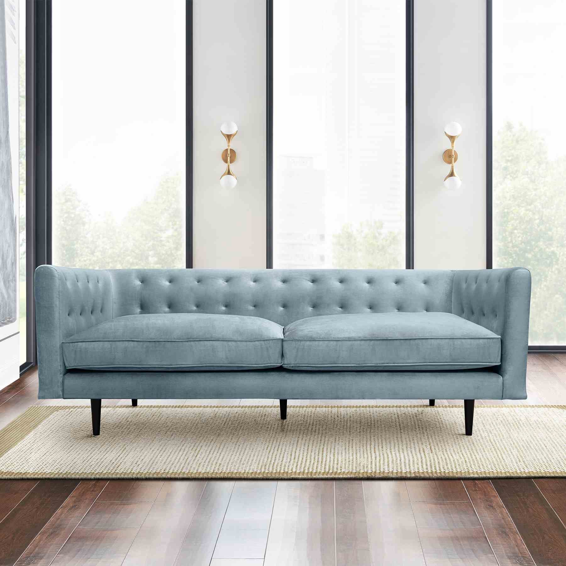 Annabelle 80" Bluestone Velvet Sofa with Black Wood Legs - Image 9