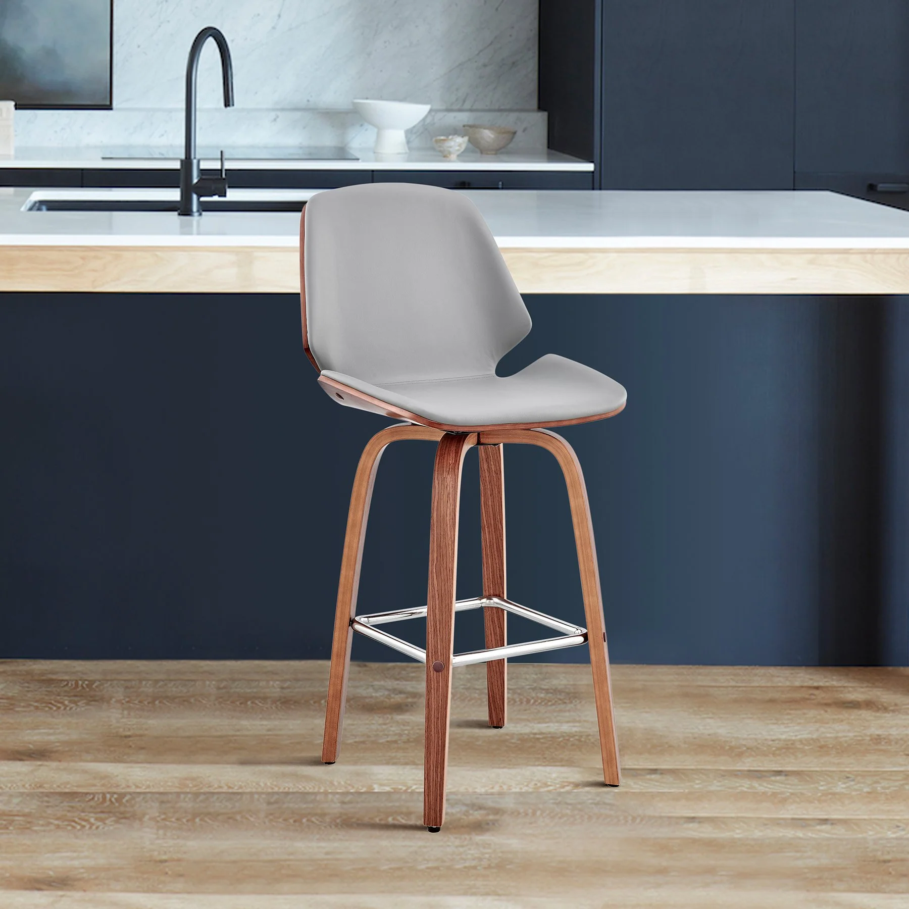 Arabela 26" Gray Faux Leather and Walnut Wood Swivel Bar Stool - Image 11