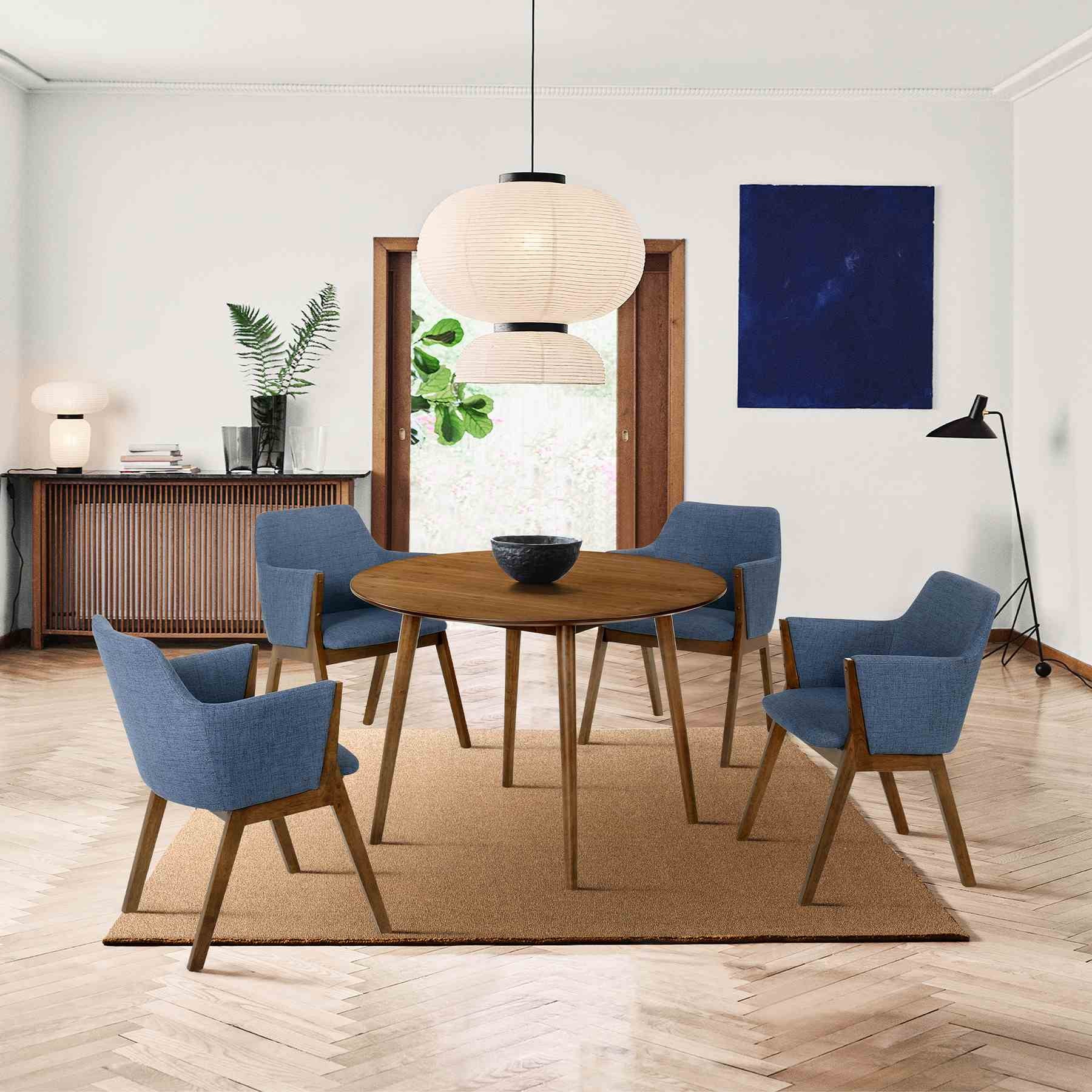 Arcadia and Renzo 42" Round Blue and Walnut Wood 5 Piece Dining Set - Image 10