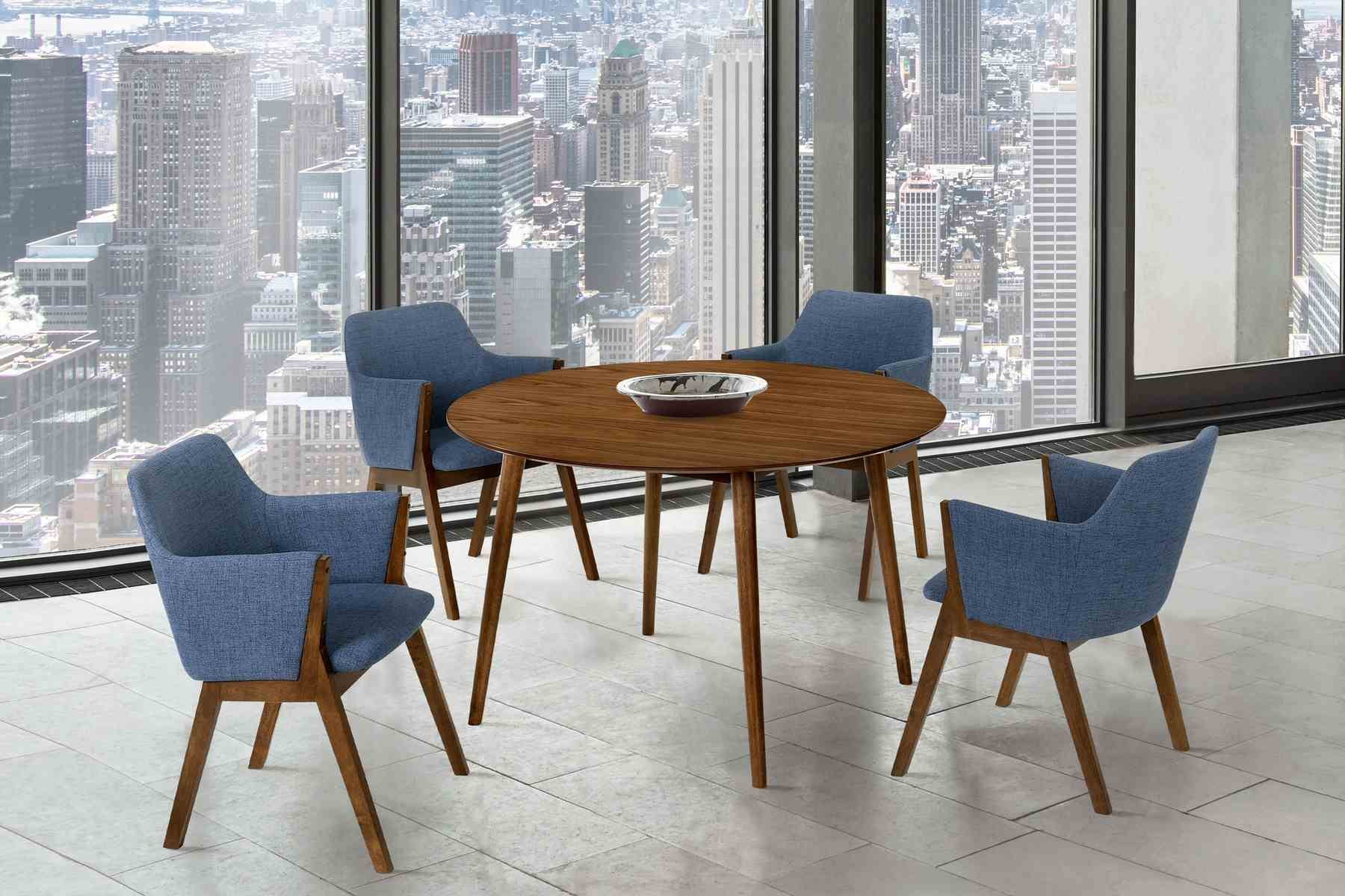 Arcadia and Renzo 48" Round Blue and Walnut Wood 5 Piece Dining Set - Image 10