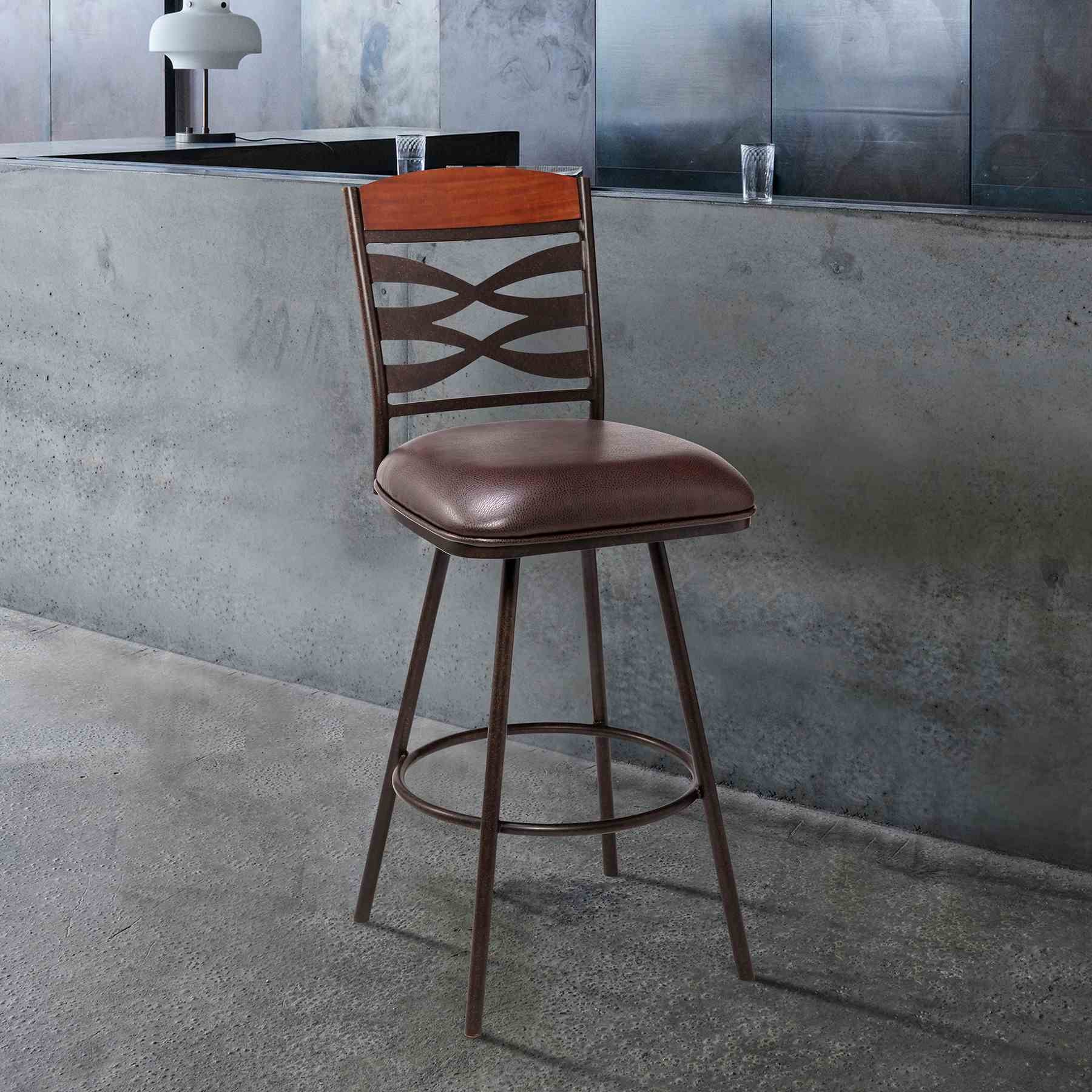 Arden Contemporary 30" Bar Height Barstool in Auburn Bay Finish with Brown Faux Leather and Sedona Wood Finish Back - Image 6