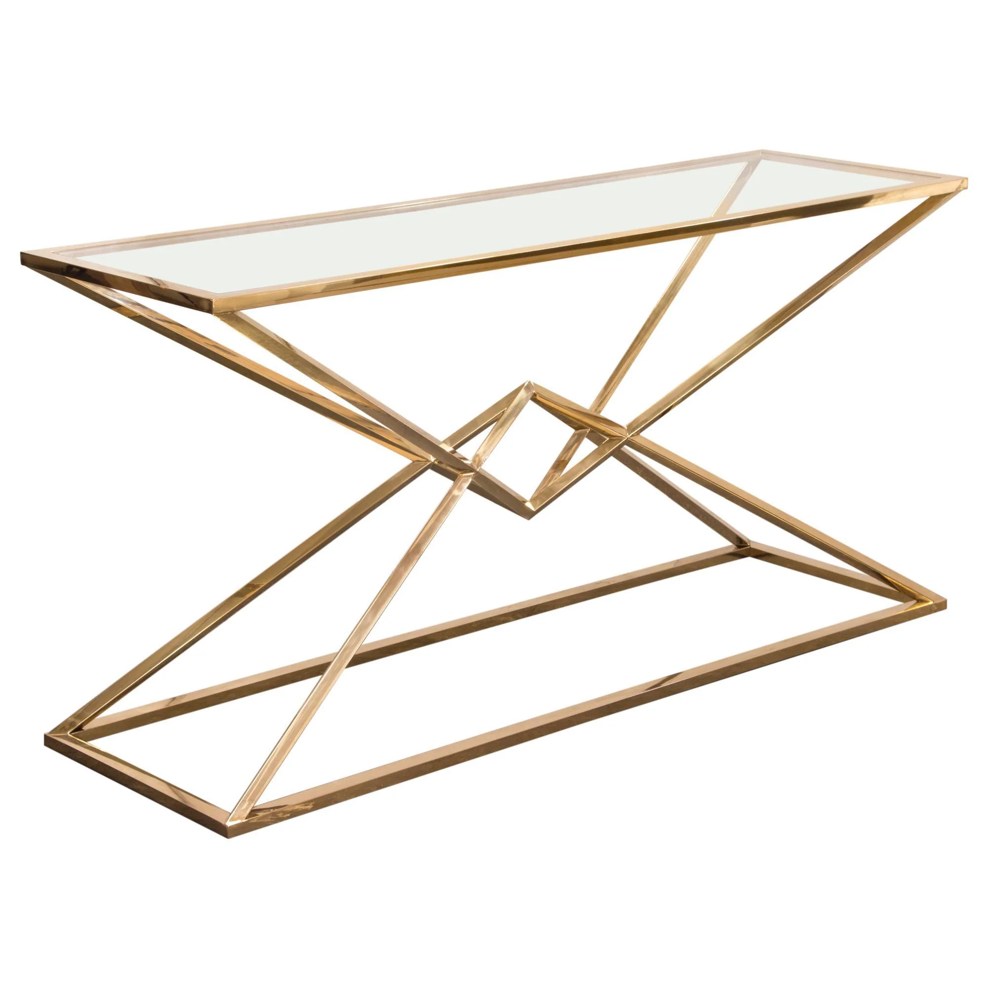 Aria Rectangle Stainless Steel Console Table w/ Polished Gold Finish Base & Clear, Tempered Glass Top by Diamond Sofa - Image 3