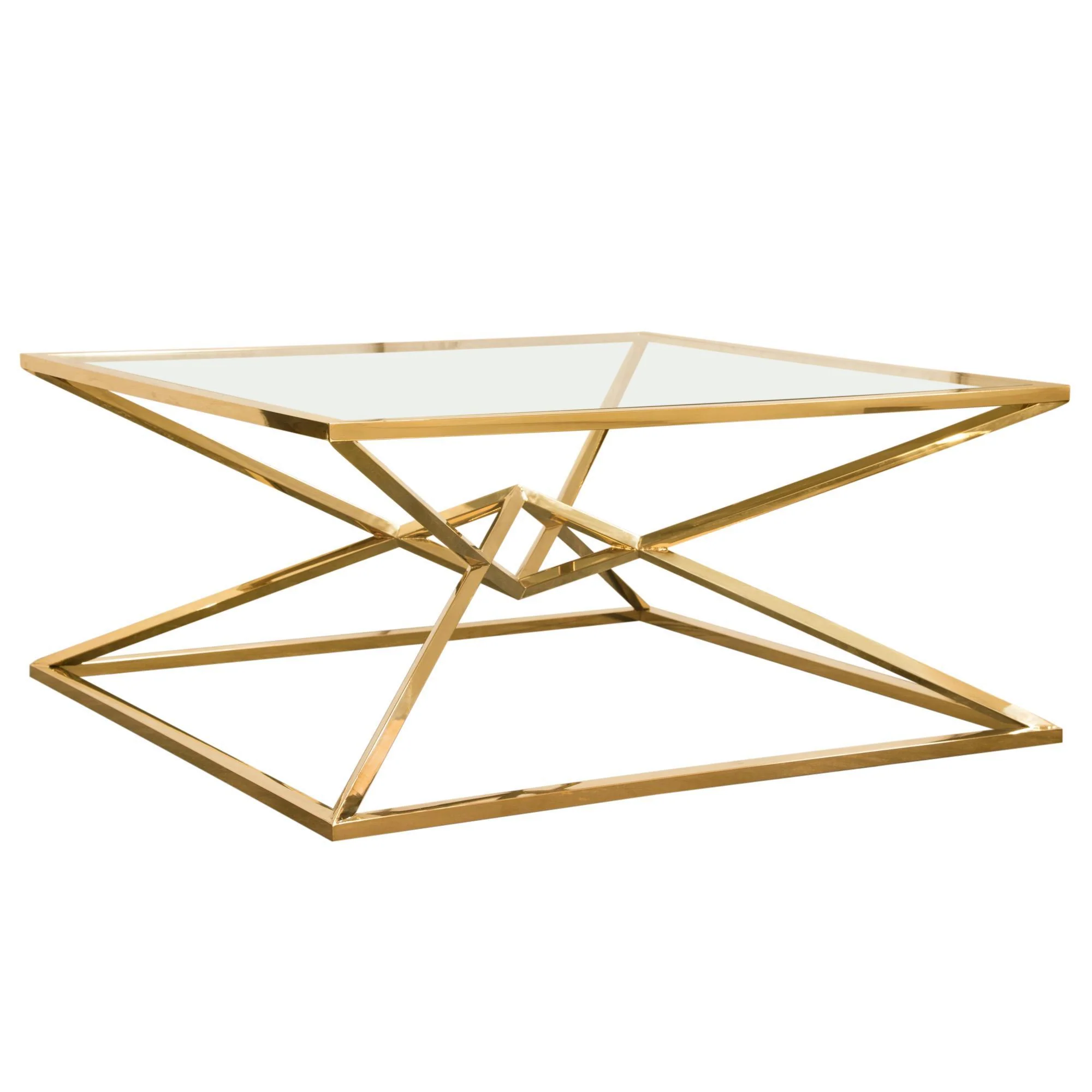 Aria Square Stainless Steel Cocktail Table w/ Polished Gold Finish Base & Clear, Tempered Glass Top by Diamond Sofa - Image 3