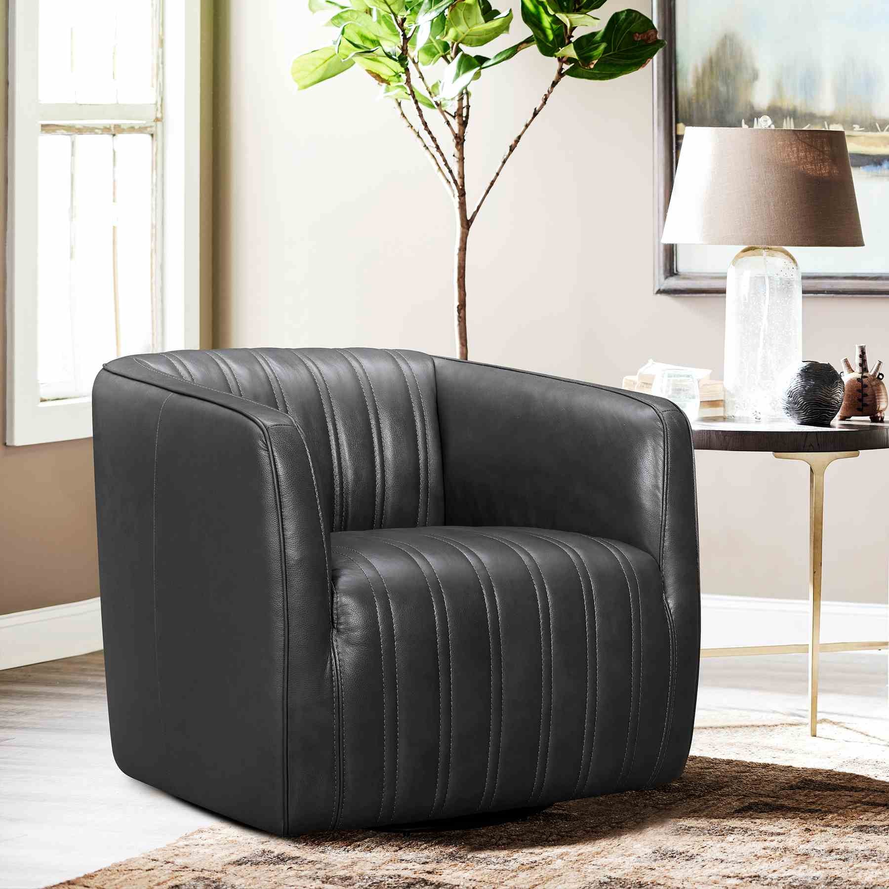 Aries Pewter Genuine Leather Swivel Barrel Chair - Image 7