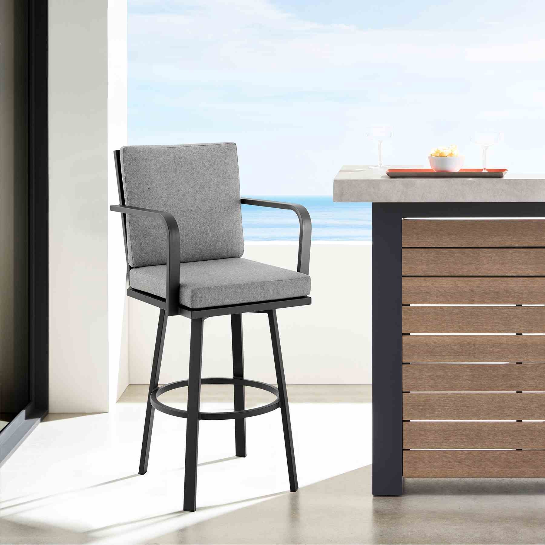 Arnauld 26" Outdoor Patio Swivel Counter Stool in Black Aluminum with Gray Cushions - Image 9