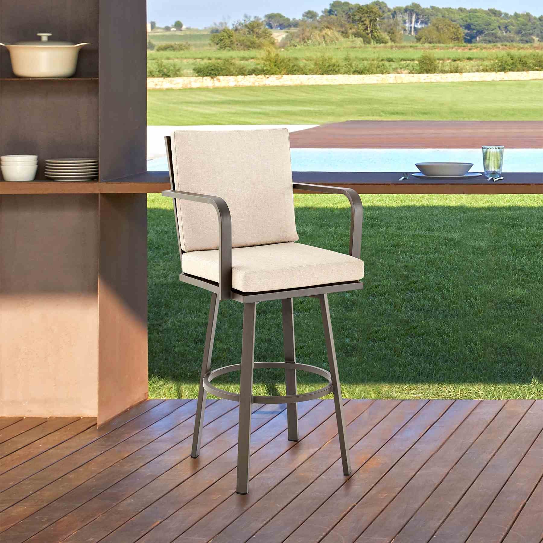 Arnauld 26" Outdoor Patio Swivel Counter Stool in Brown Aluminum with Cushions - Image 9