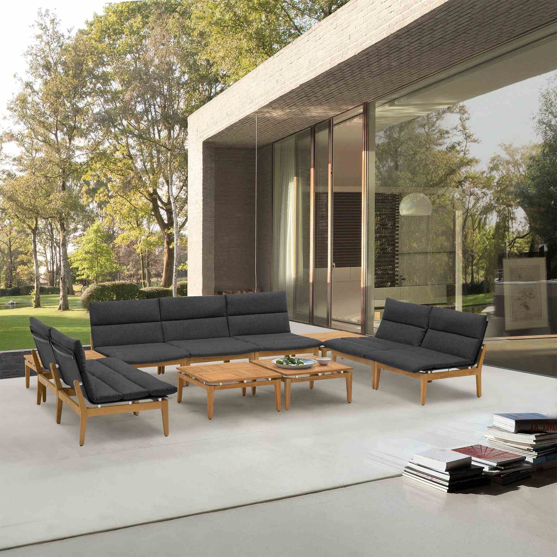 Arno Outdoor 11 Piece Teak Wood Seating Set in Charcoal Olefin - Image 8