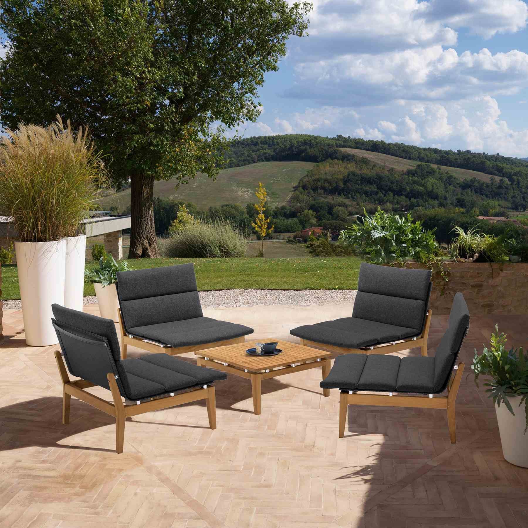 Arno Outdoor 5 Piece Teak Wood Seating Set in Charcoal Olefin - Image 8