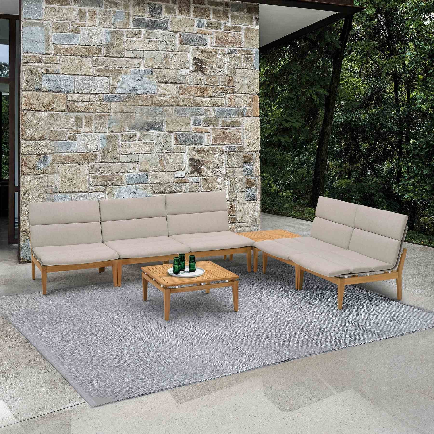 Arno Outdoor 7 Piece Teak Wood Seating Set in Beige Olefin - Image 8
