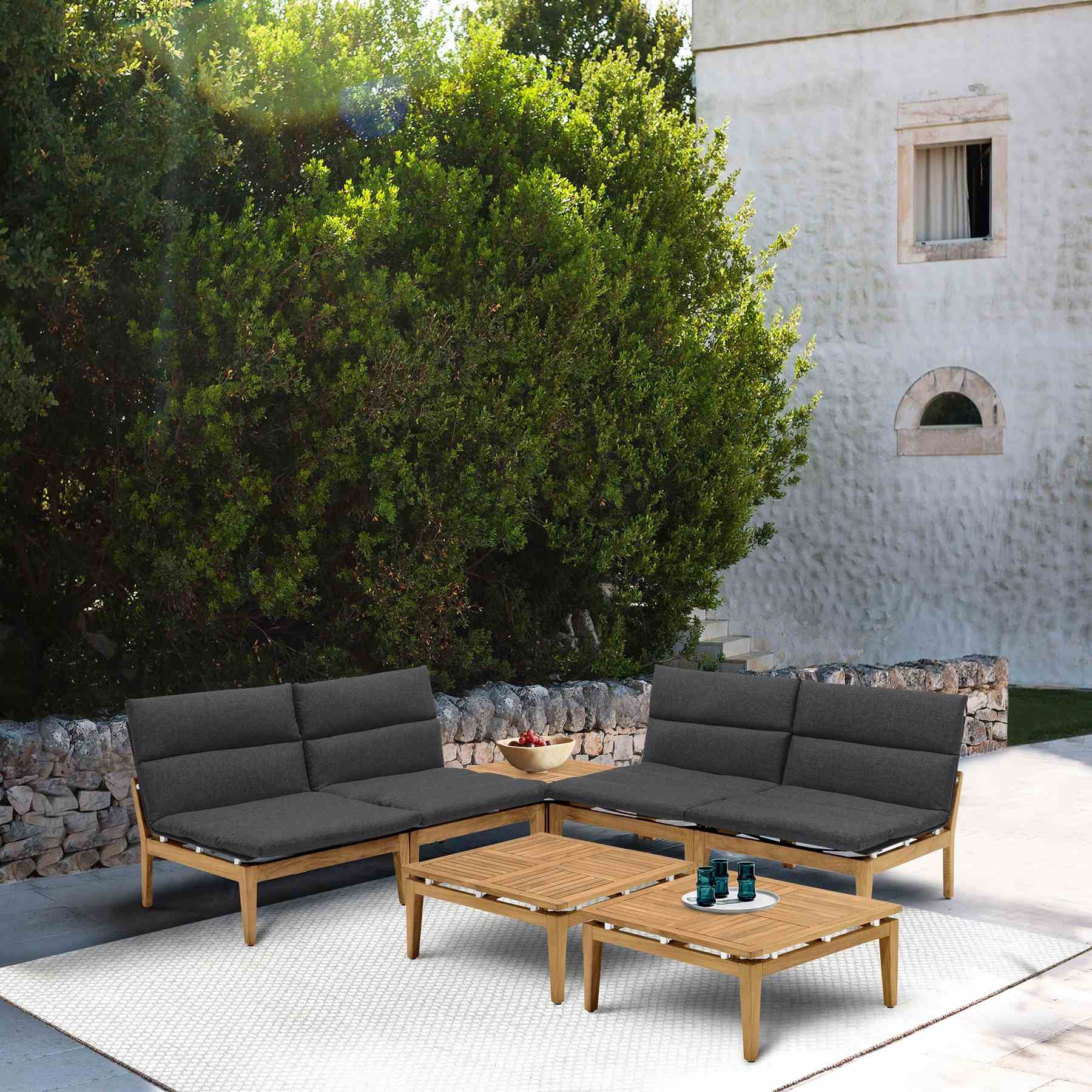Arno Outdoor 7 Piece Teak Wood Seating Set in Charcoal Olefin - Image 8