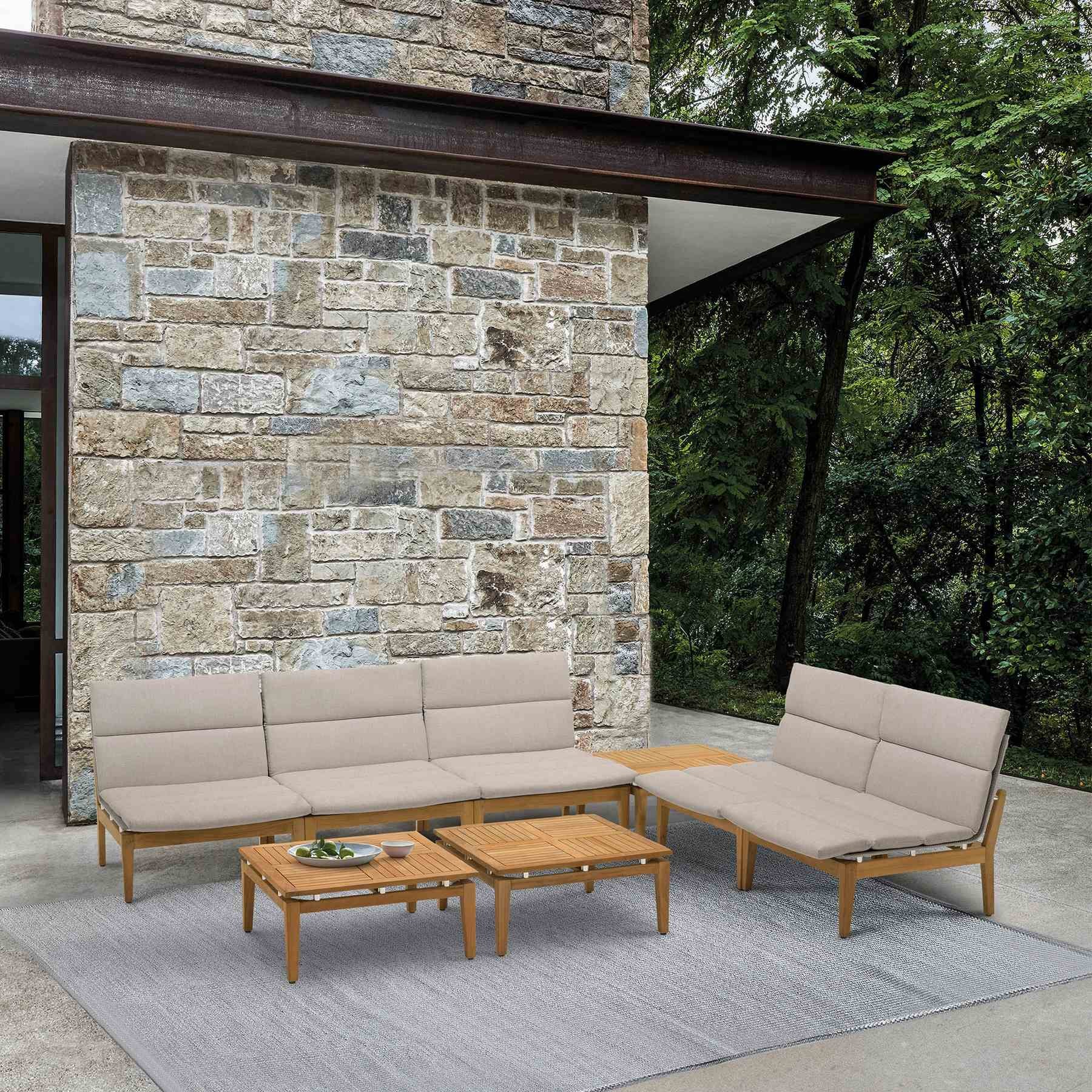 Arno Outdoor 8 Piece Teak Wood Seating Set in Beige Olefin - Image 8