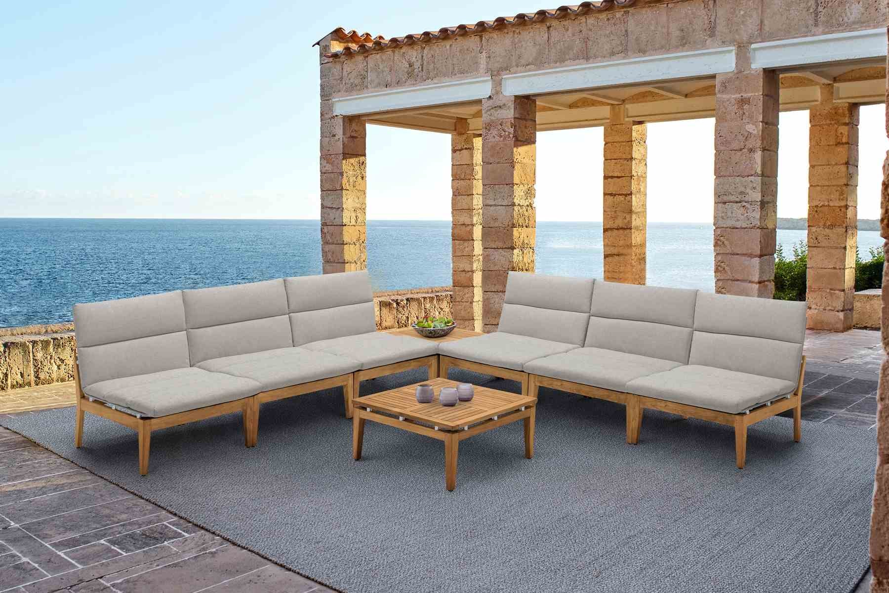 Arno Outdoor 8 Piece Teak Wood Seating Set in Beige Olefin - Image 8