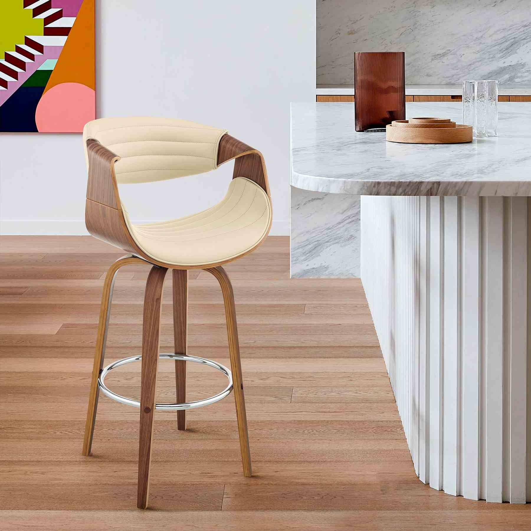 Arya 26" Swivel Counter Stool in Cream Faux Leather and Walnut Wood - Image 9