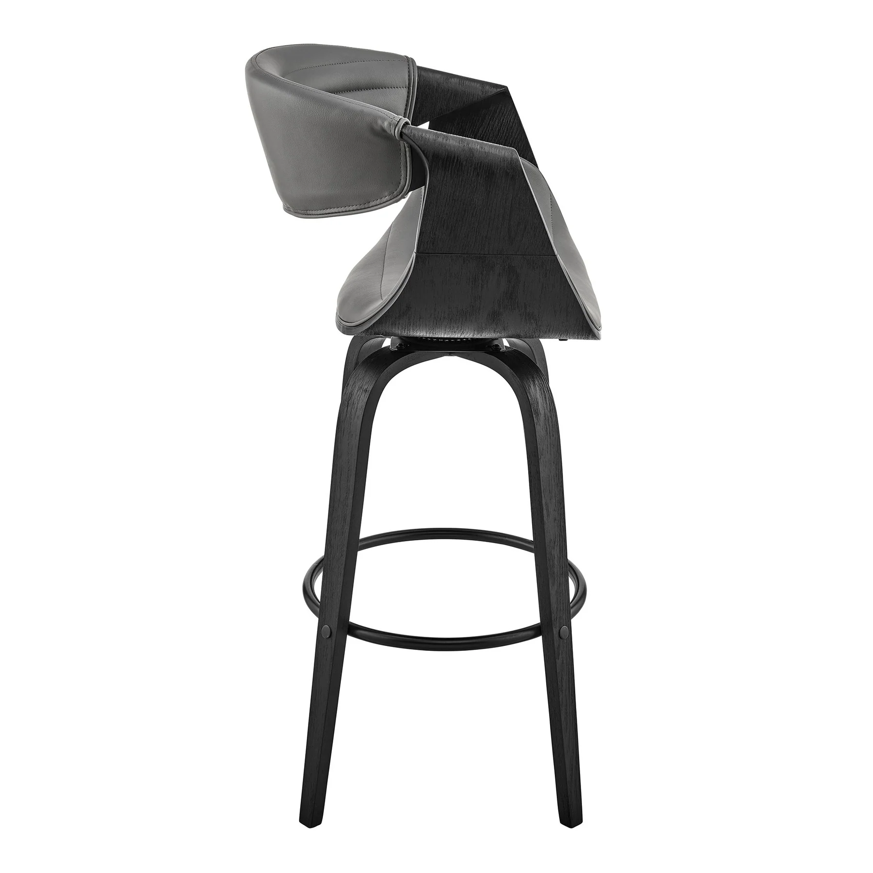 Arya 26" Swivel Counter Stool in Gray Faux Leather and Black Wood - Image 3