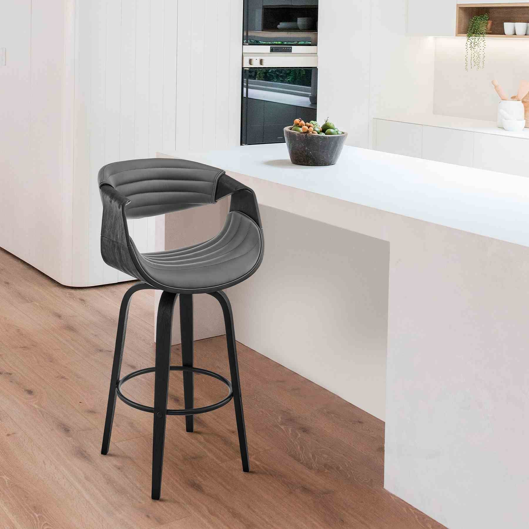 Arya 26" Swivel Counter Stool in Gray Faux Leather and Black Wood - Image 9