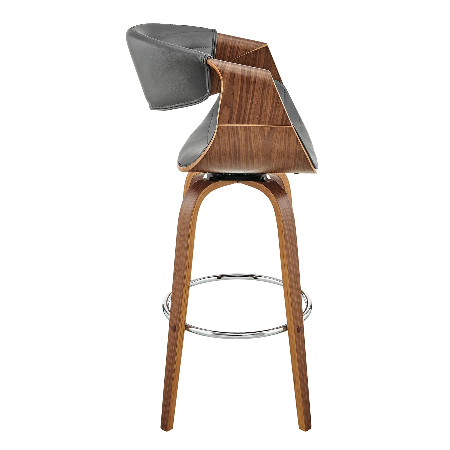 Arya 26" Swivel Counter Stool in Gray Faux Leather and Walnut Wood - Image 3