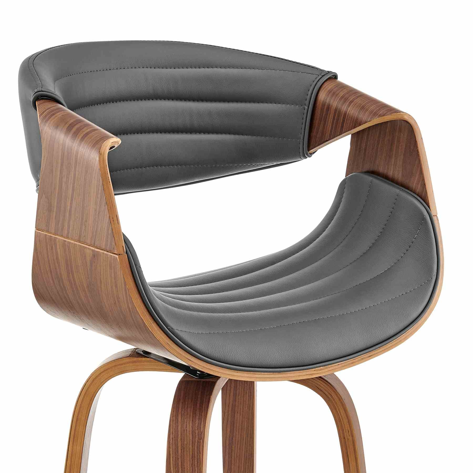 Arya 26" Swivel Counter Stool in Gray Faux Leather and Walnut Wood - Image 6