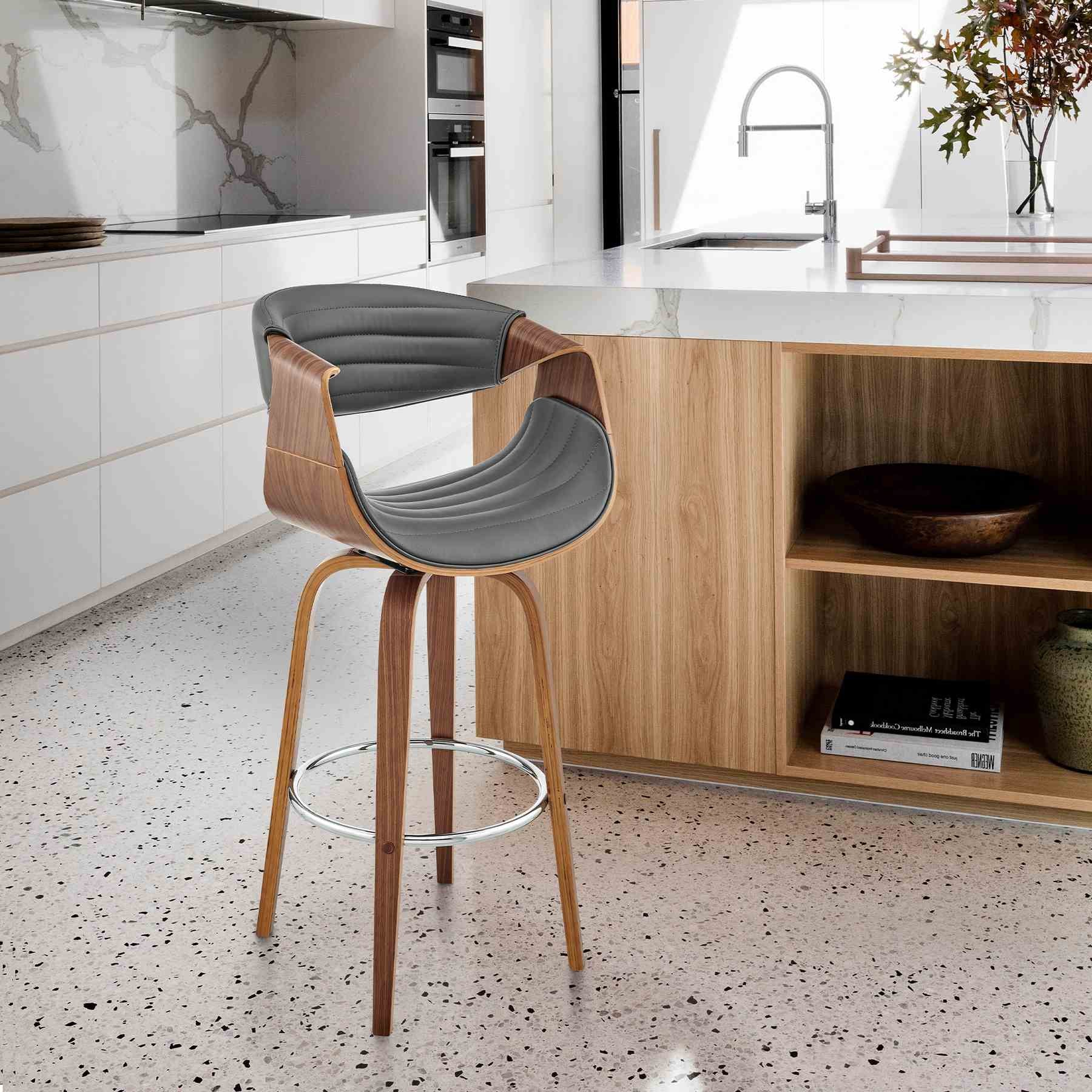 Arya 26" Swivel Counter Stool in Gray Faux Leather and Walnut Wood - Image 9
