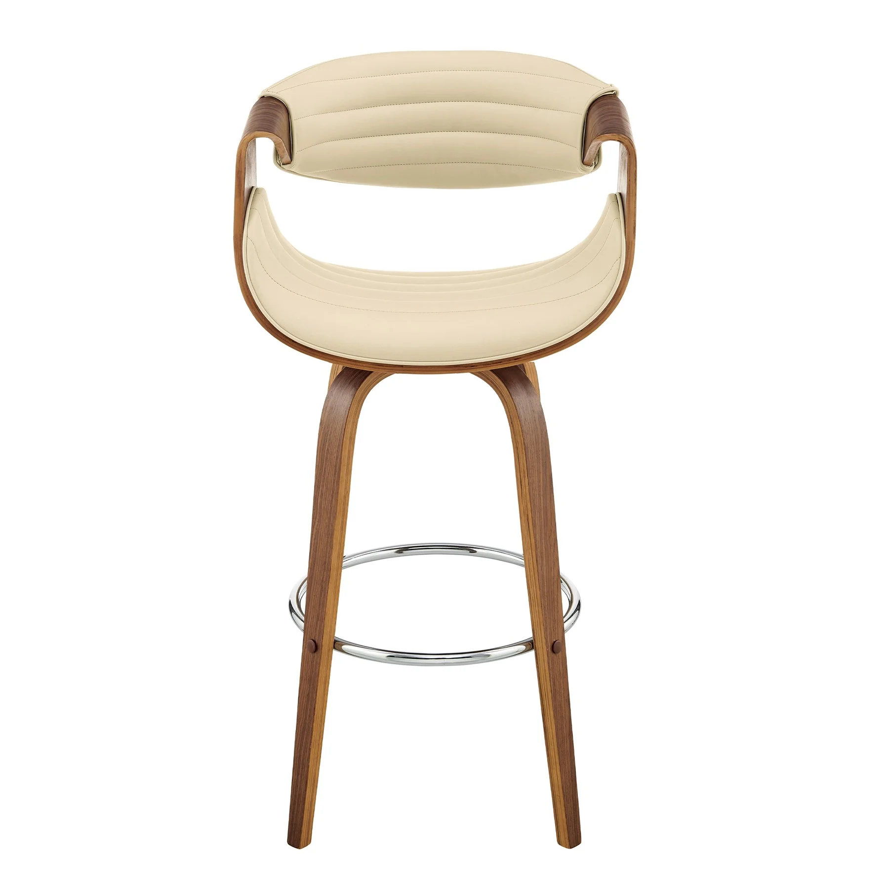 Arya 30" Swivel Bar Stool in Cream Faux Leather and Walnut Wood - Image 2
