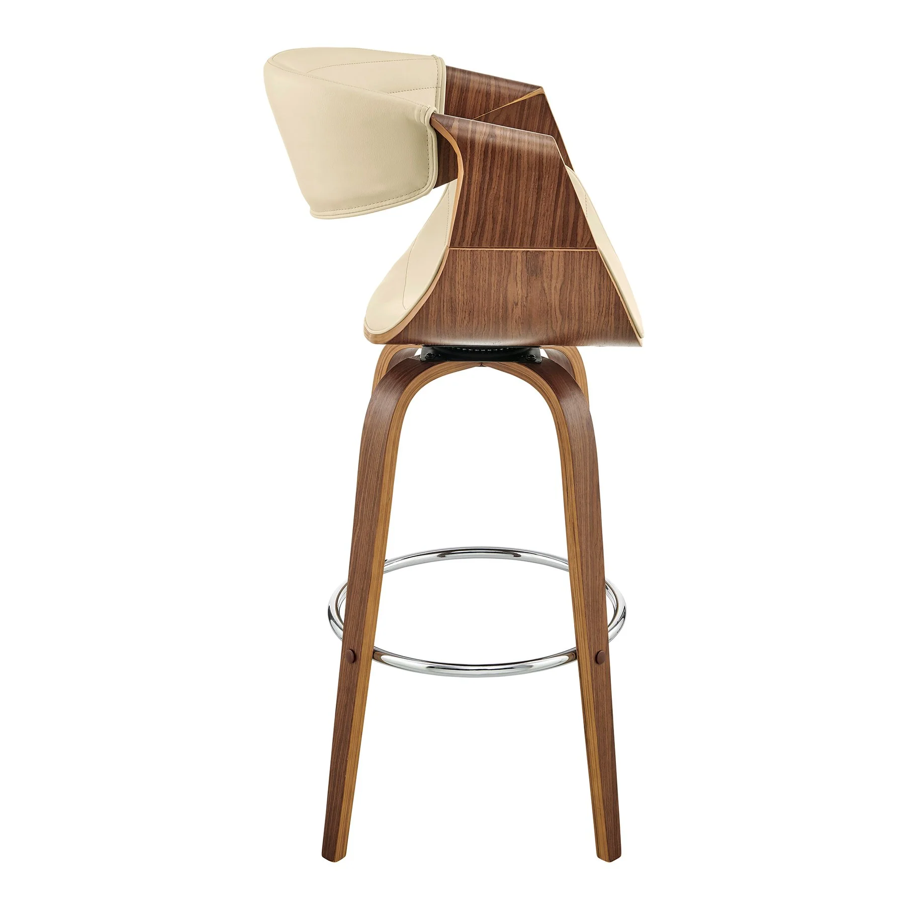 Arya 30" Swivel Bar Stool in Cream Faux Leather and Walnut Wood - Image 3
