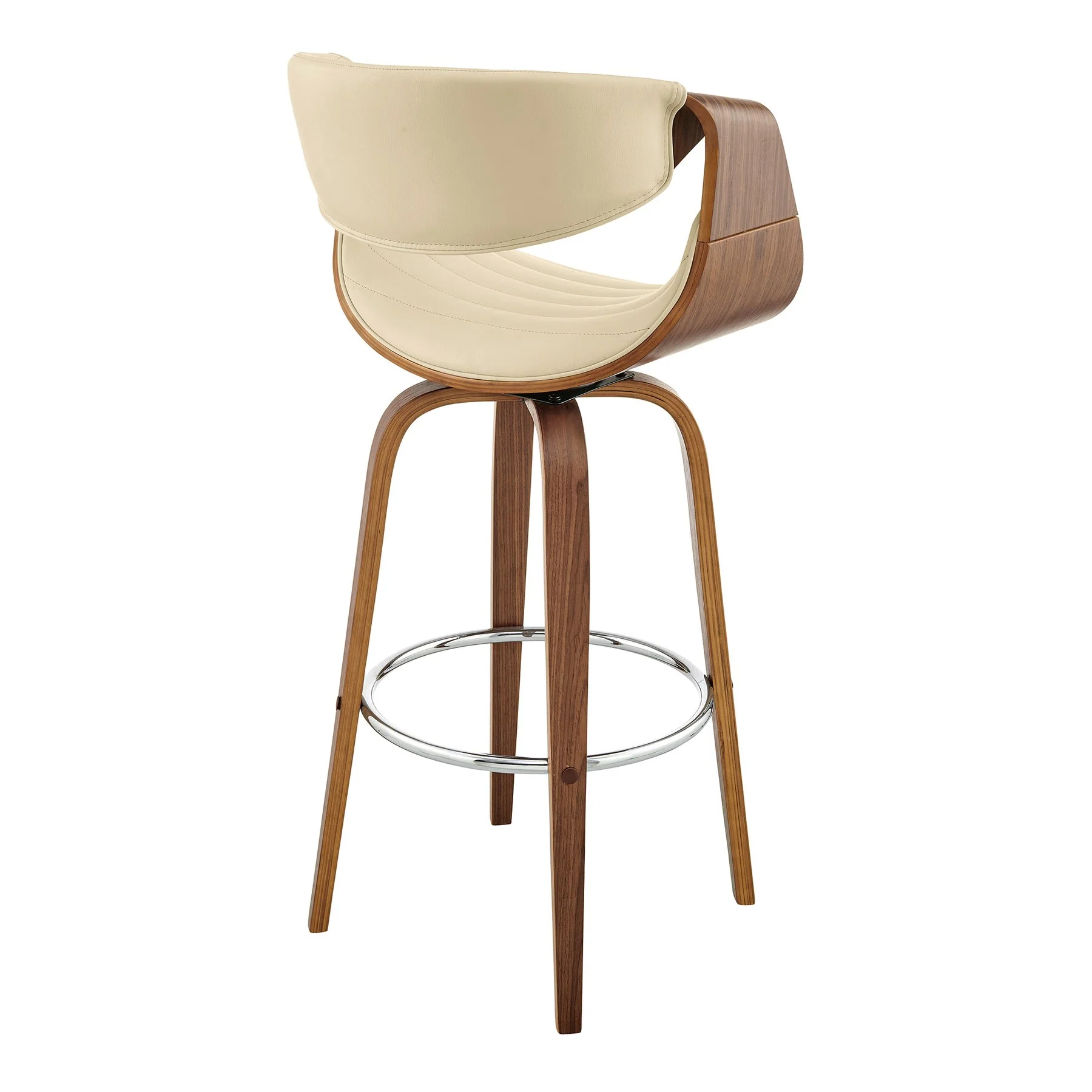 Arya 30" Swivel Bar Stool in Cream Faux Leather and Walnut Wood - Image 4