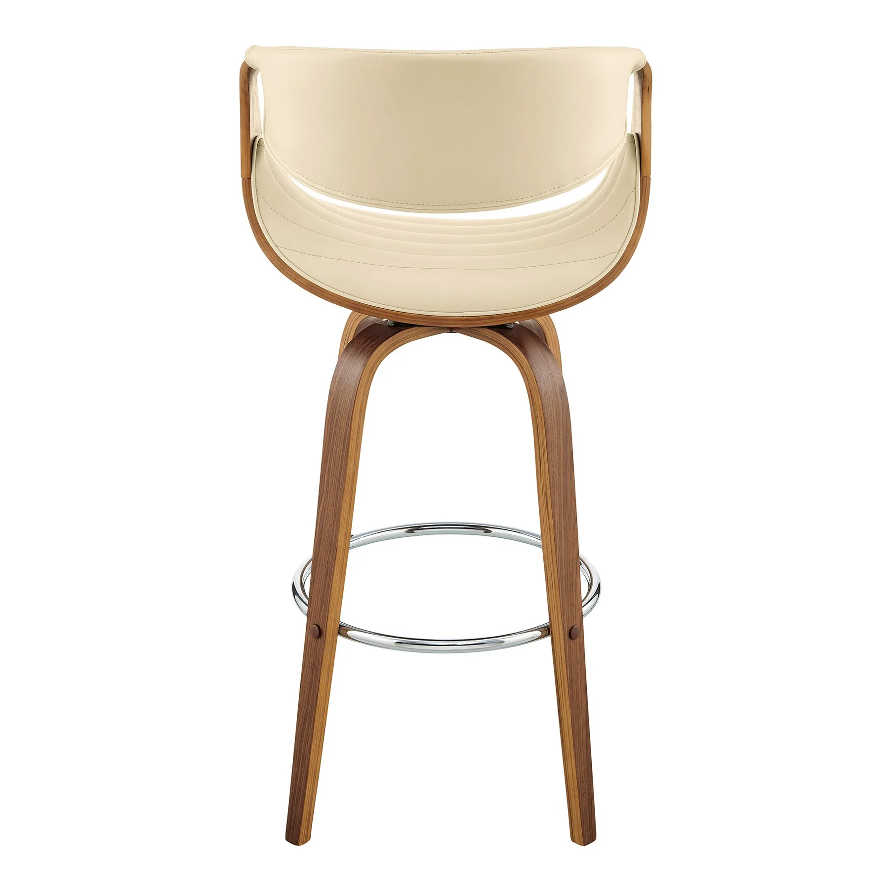Arya 30" Swivel Bar Stool in Cream Faux Leather and Walnut Wood - Image 5