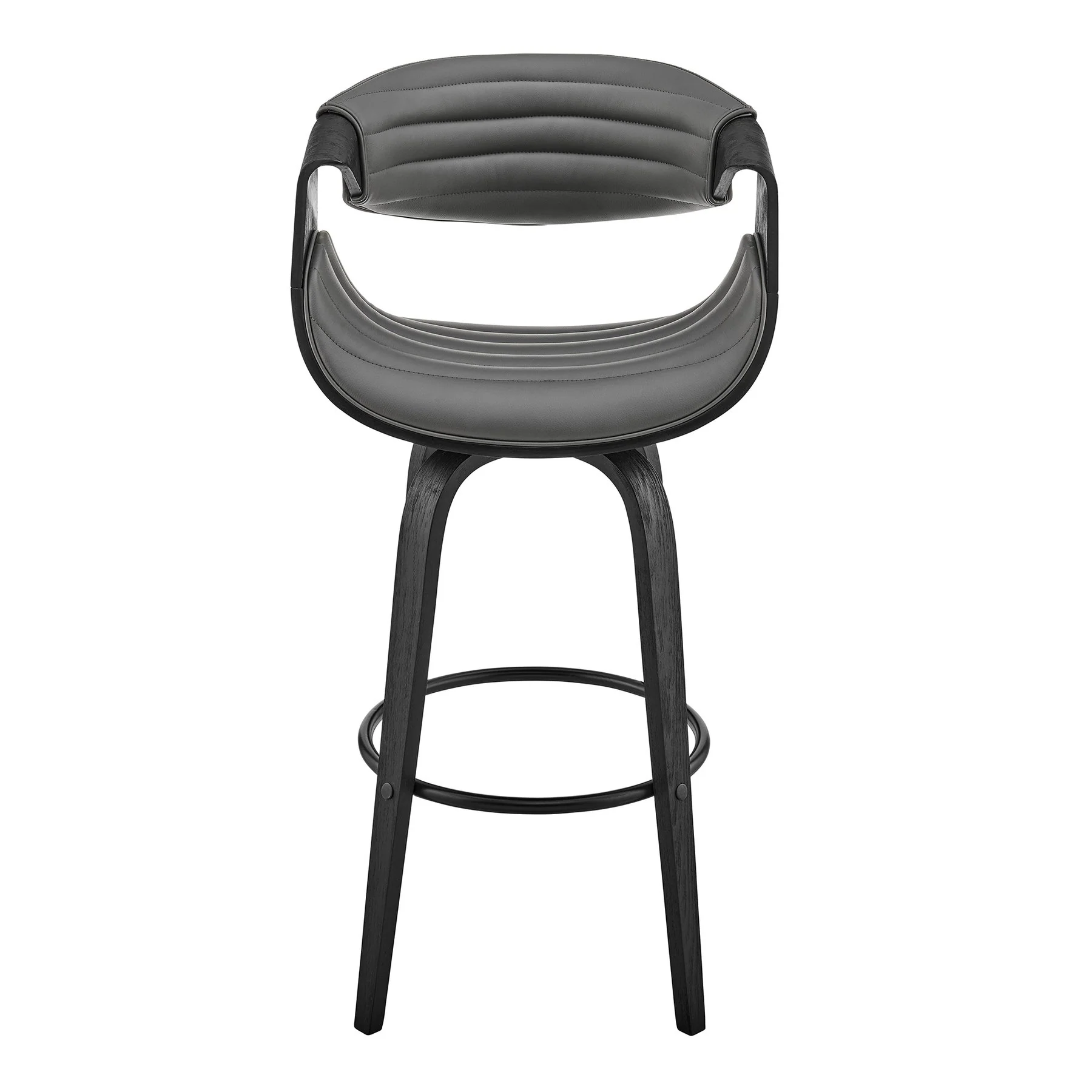 Arya 30" Swivel Bar Stool in Gray Faux Leather and Black Wood - Image 2