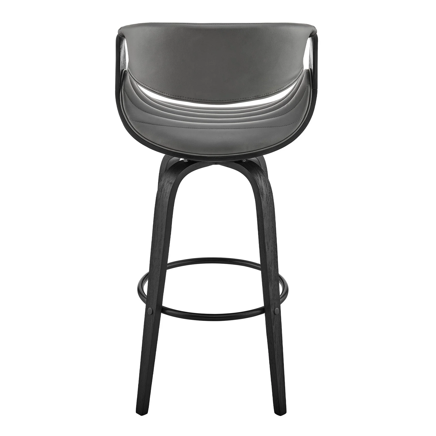 Arya 30" Swivel Bar Stool in Gray Faux Leather and Black Wood - Image 5