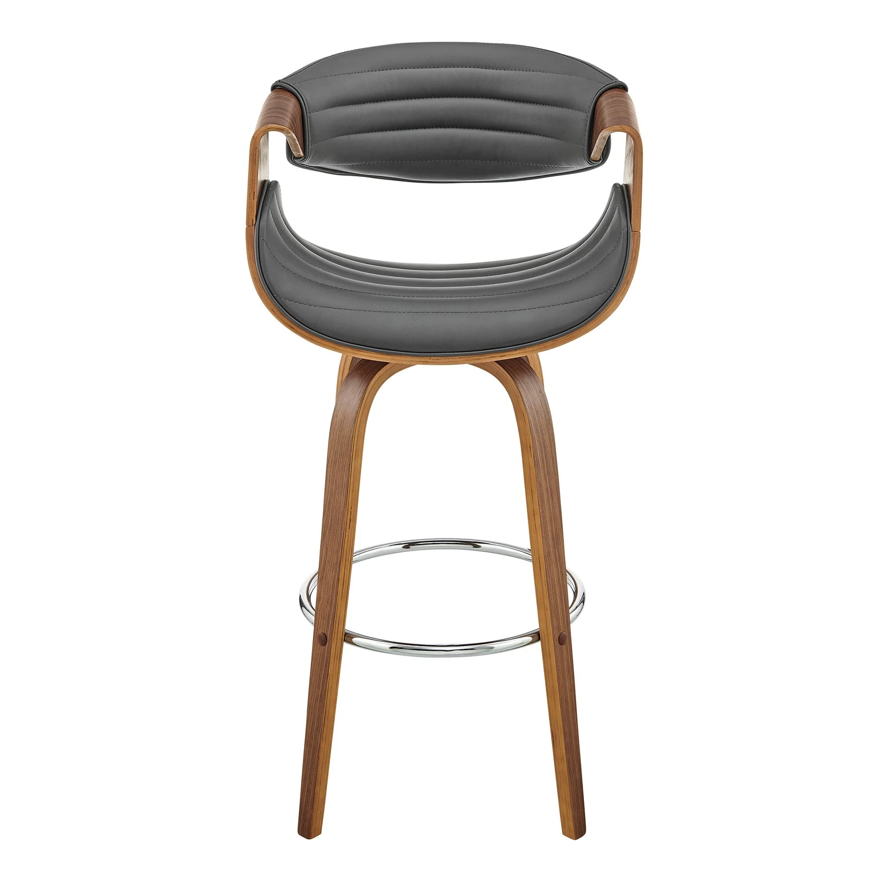 Arya 30" Swivel Bar Stool in Gray Faux Leather and Walnut Wood - Image 2