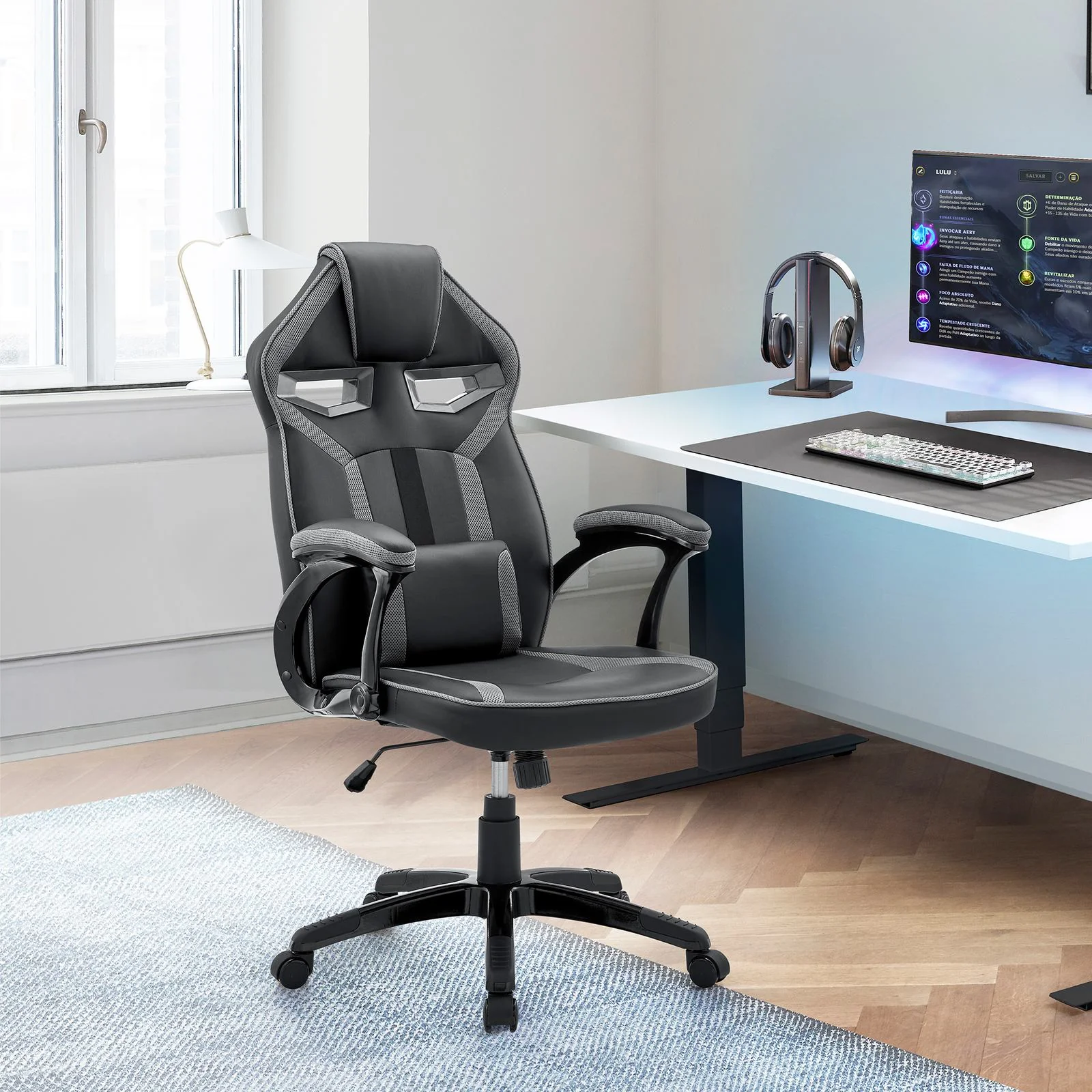 Aspect Adjustable Racing Gaming Chair in Black Faux Leather and Dark Gray Mesh with Lumbar Support Pillow - Image 9