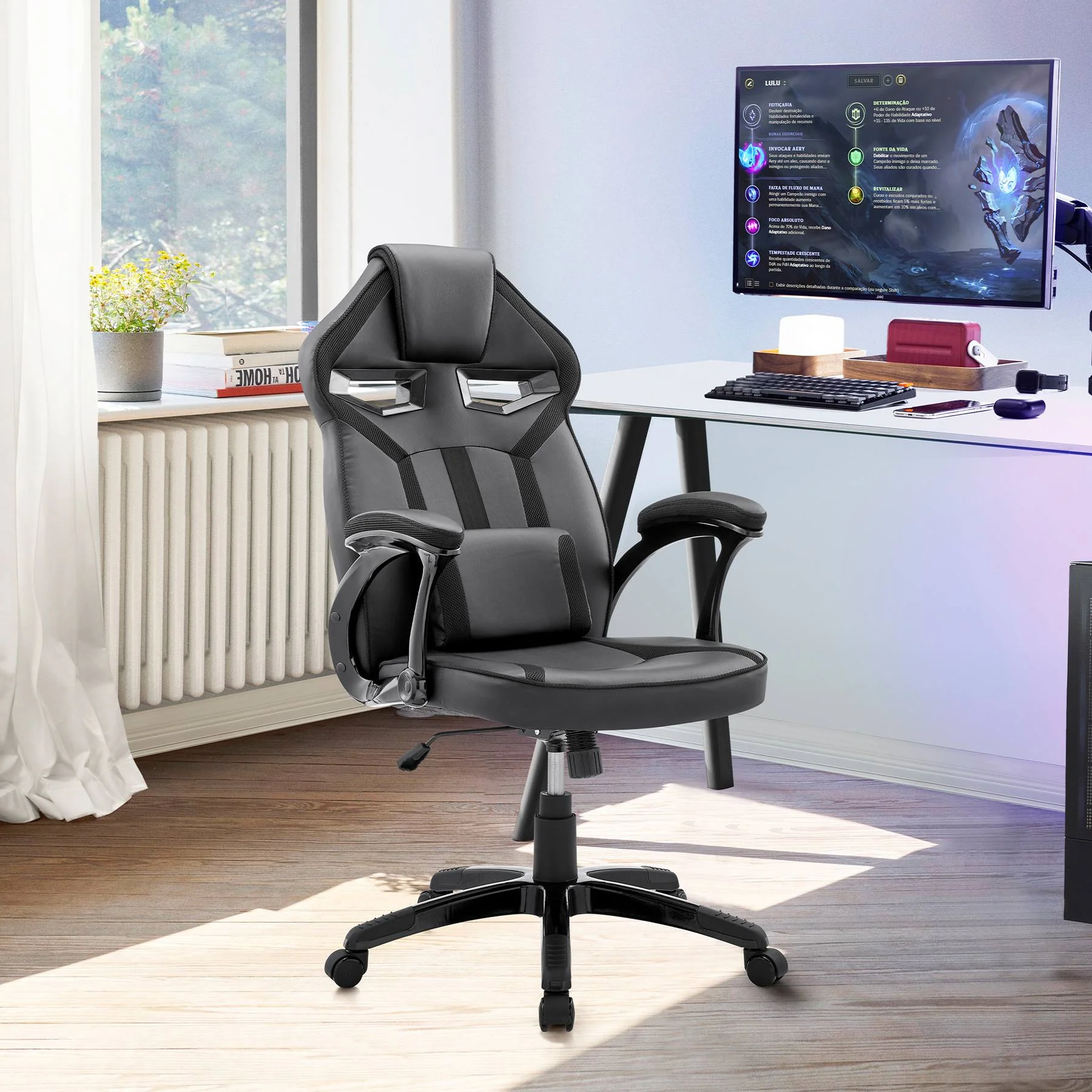 Aspect Adjustable Racing Gaming Chair in Black Faux Leather and Mesh with Lumbar Support Pillow - Image 9