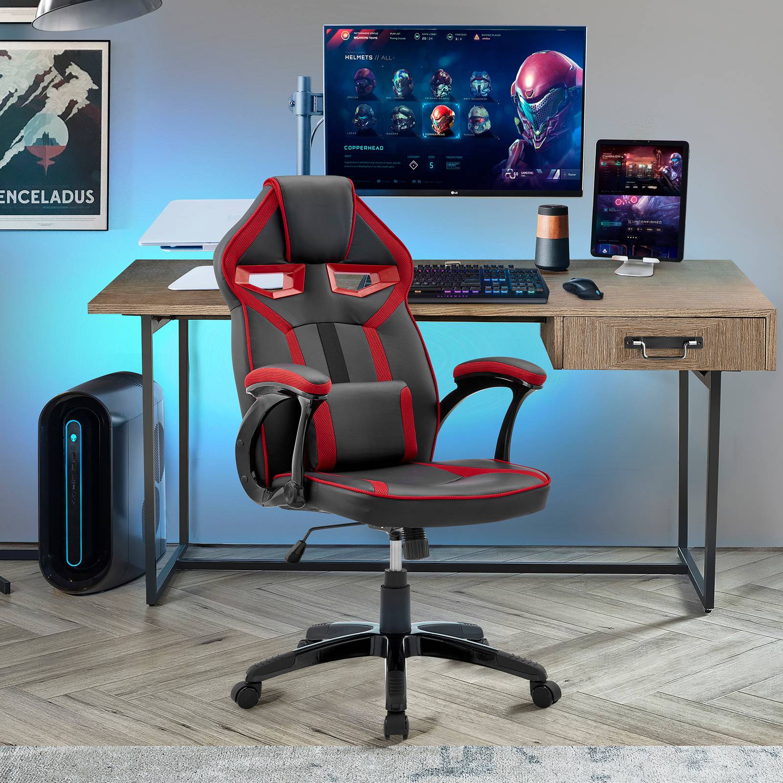 Aspect Adjustable Racing Gaming Chair in Black Faux Leather and Red Mesh with Lumbar Support Pillow - Image 9