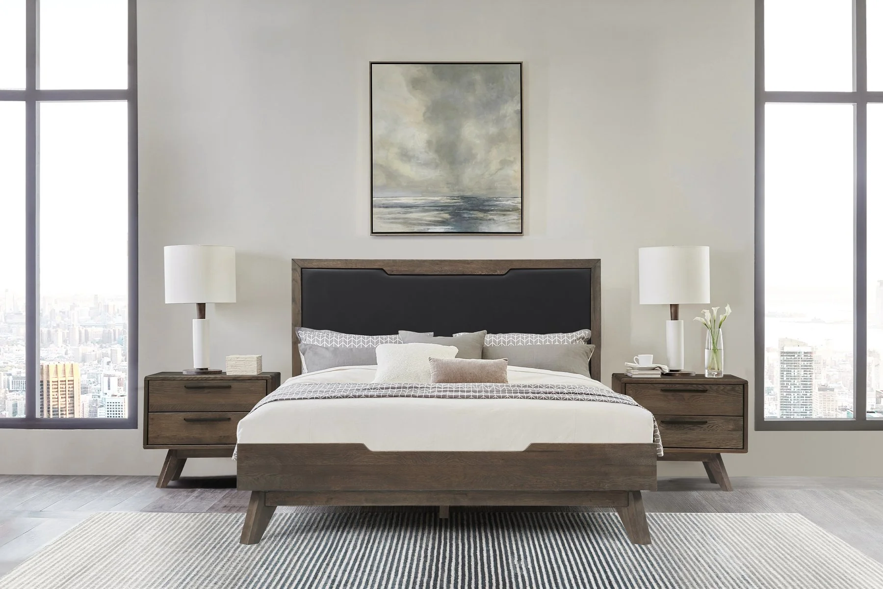 Astoria Queen Platform Bed Frame in Oak with Black Faux Leather - Image 10