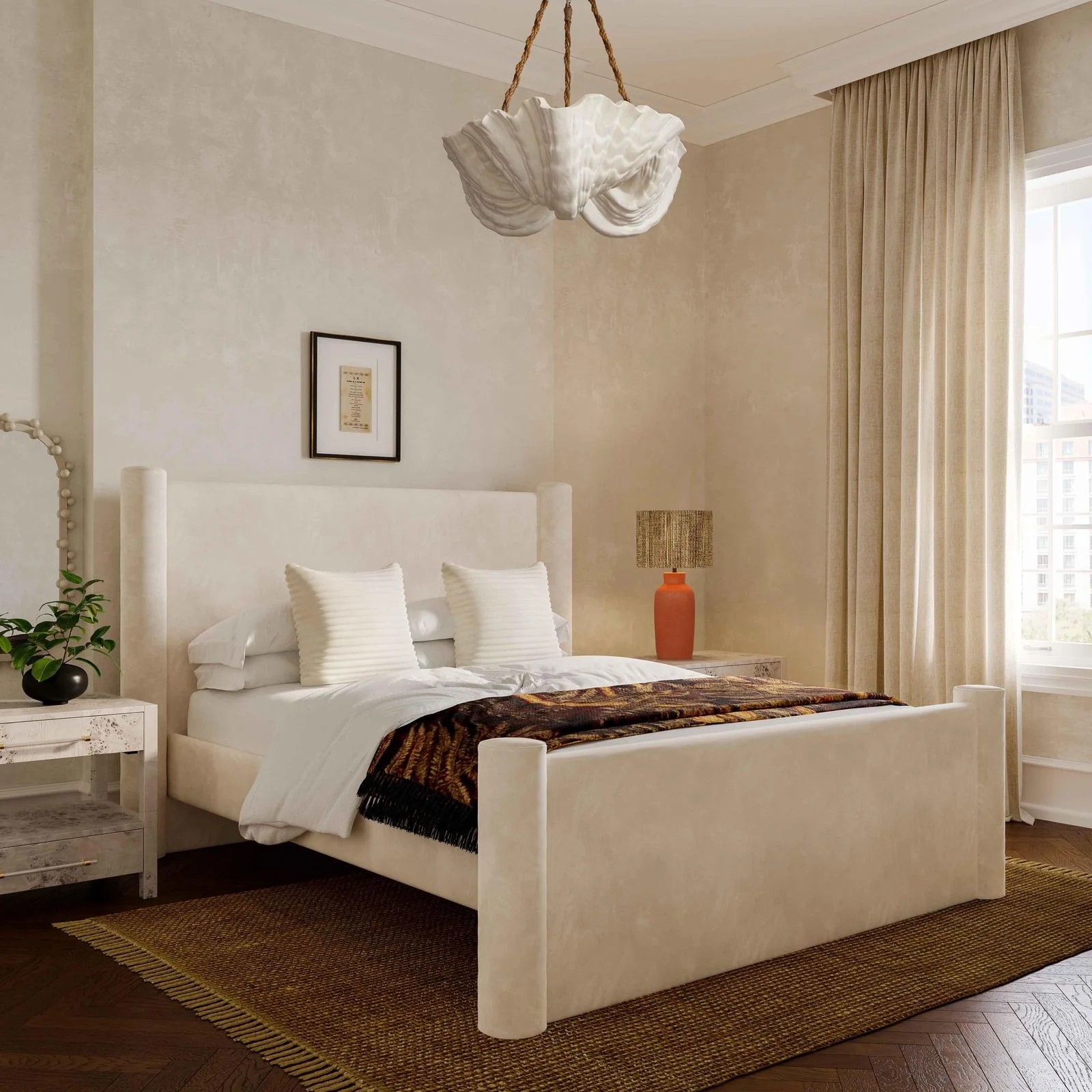 Athara Cream Velvet Queen Bed - Image 2