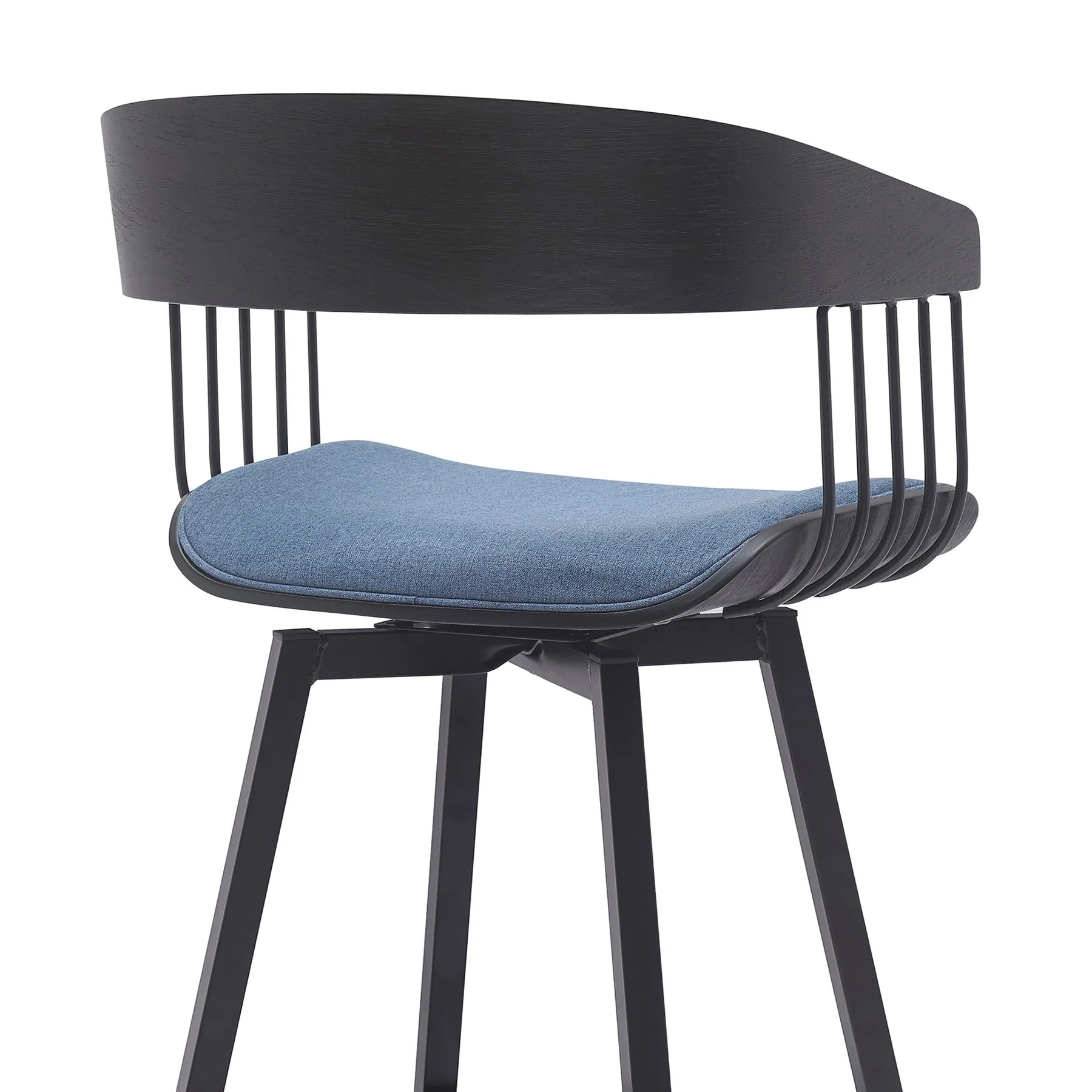 Athena 27" Swivel Black Wood Counter Stool in Blue Fabric with Black Metal - Image 5