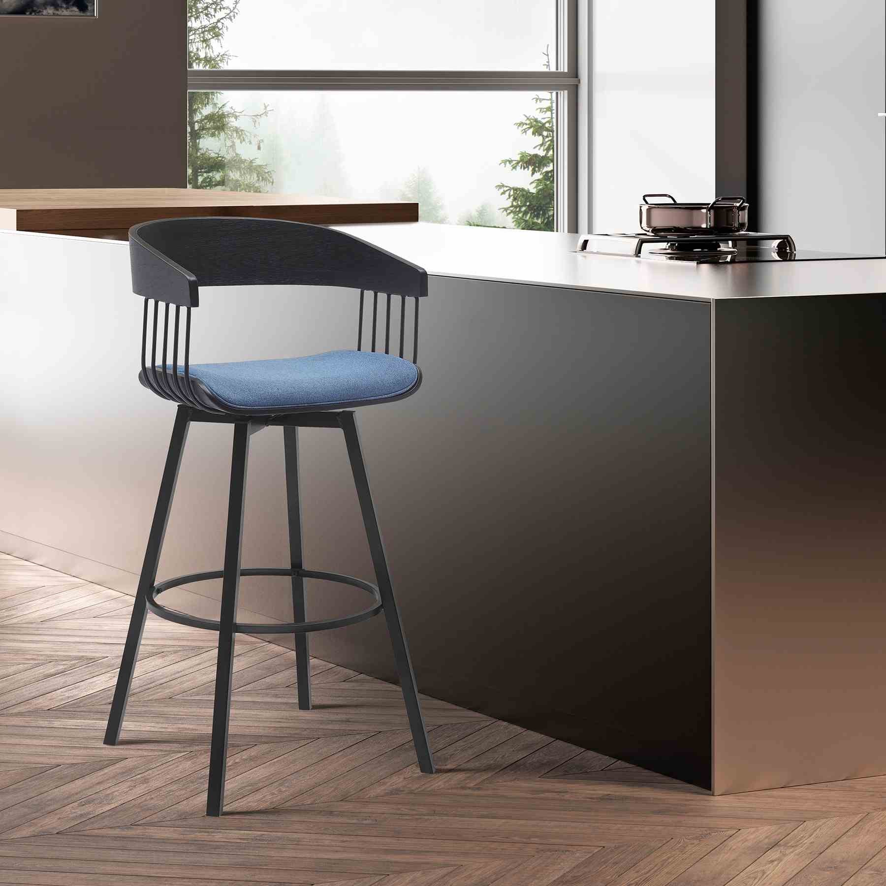 Athena 27" Swivel Black Wood Counter Stool in Blue Fabric with Black Metal - Image 8
