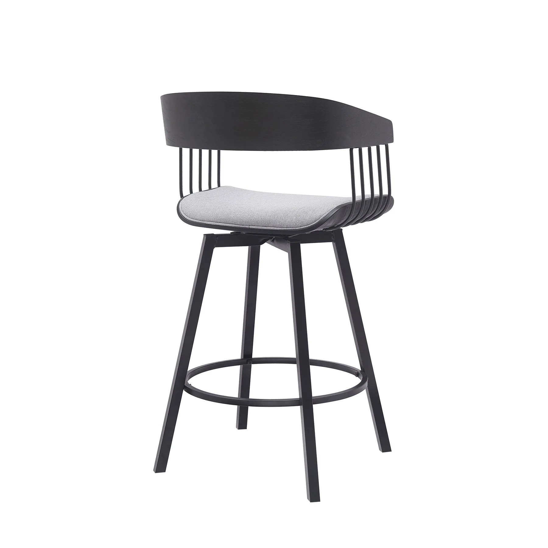 Athena 27" Swivel Black Wood Counter Stool in Light Gray Fabric with Black Metal - Image 3