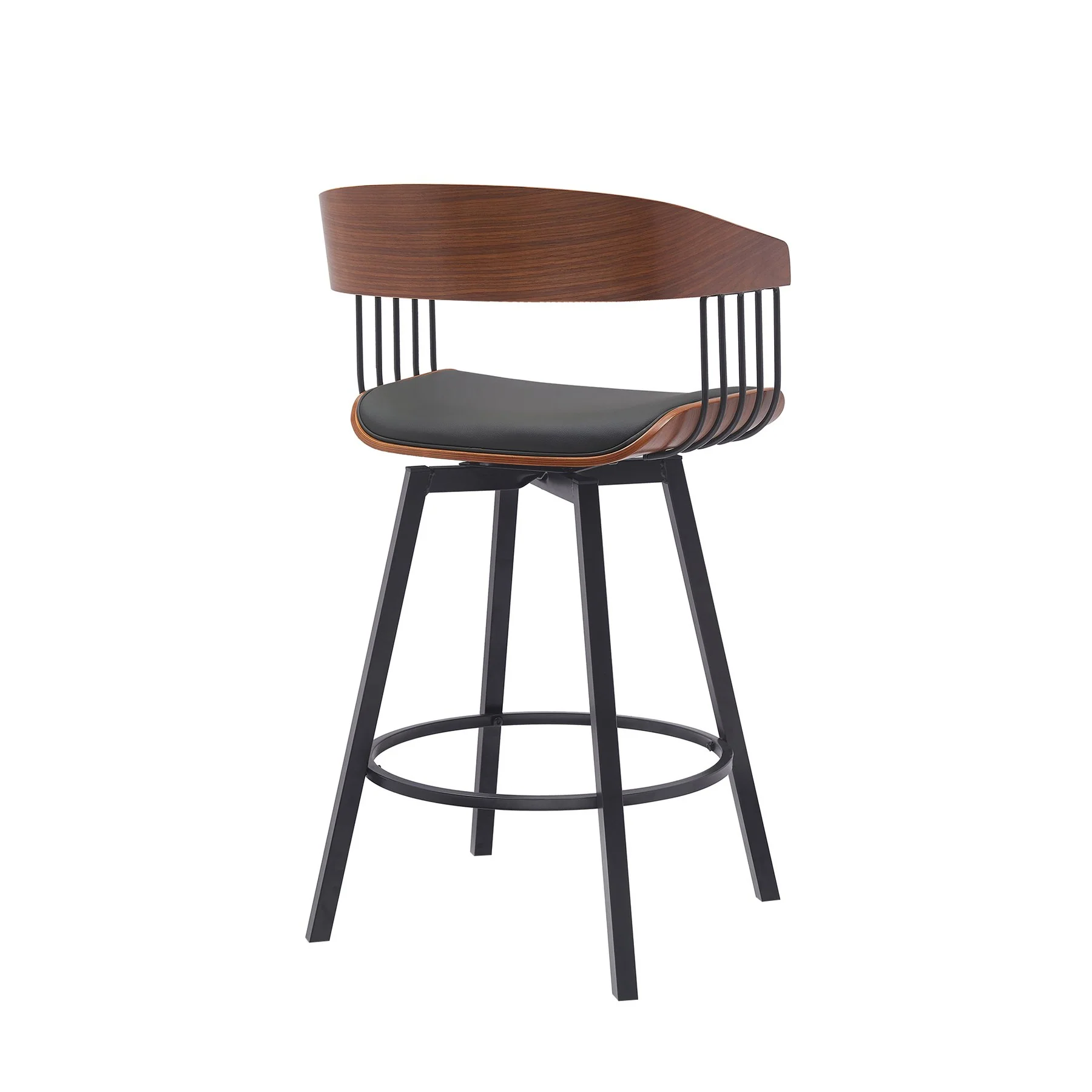 Athena 27" Swivel Walnut Wood Counter Stool in Black Faux Leather with Black Metal - Image 3